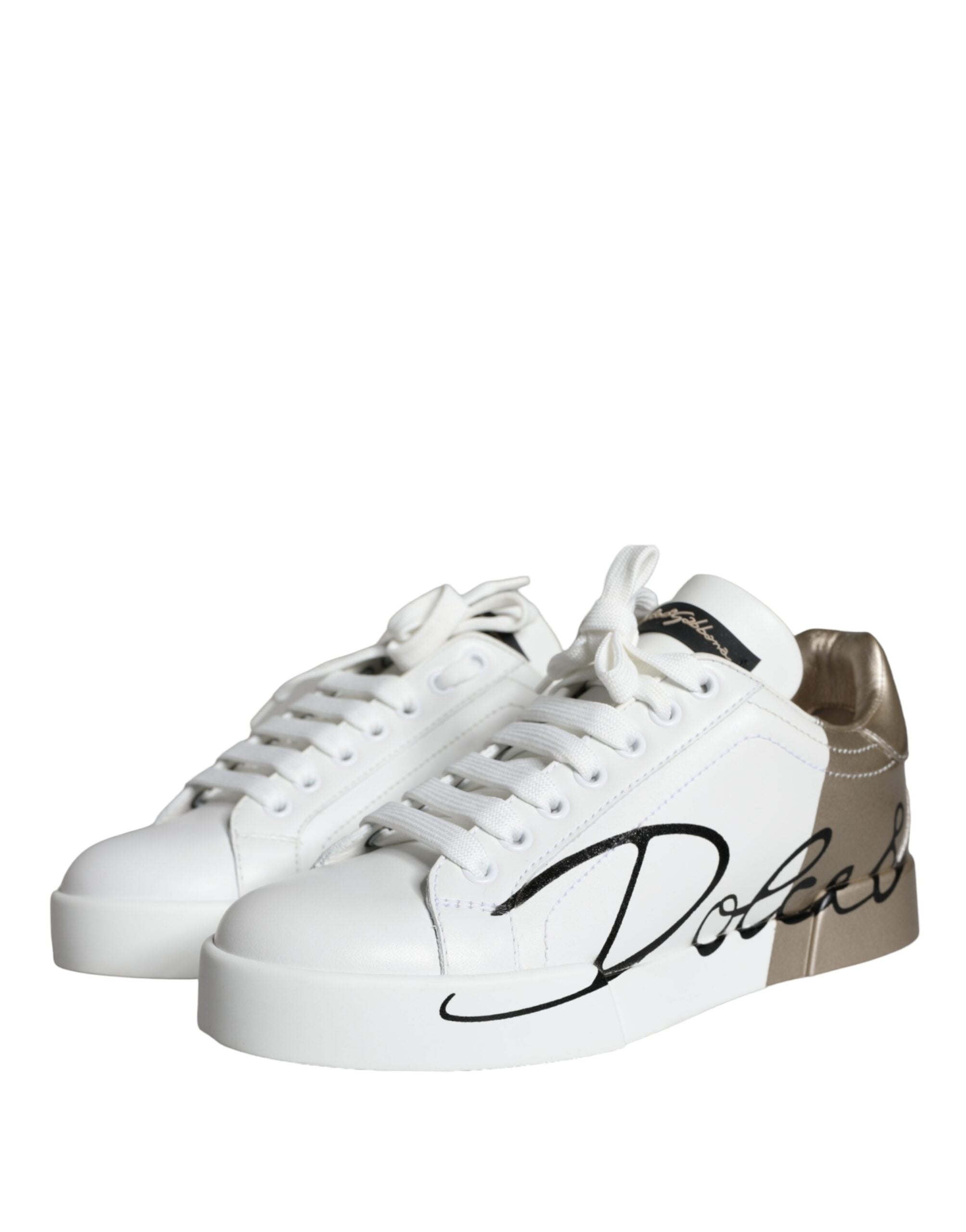 Dolce & Gabbana White Gold Portofino Low Top Leather Sneakers Women's Shoes (Pre-Owned)