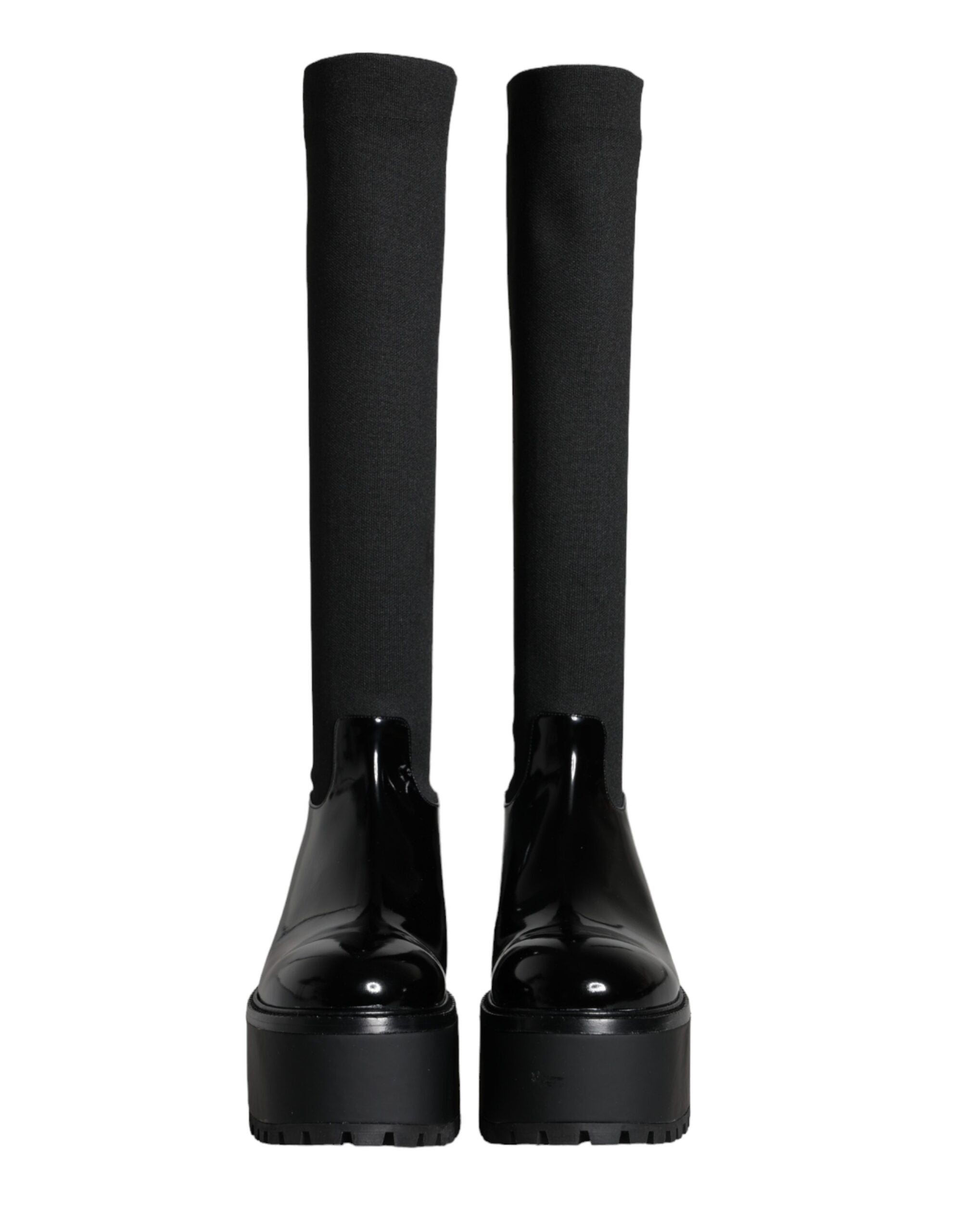 Dolce & Gabbana Black Leather Jersey Knee High Boots Women's Shoes