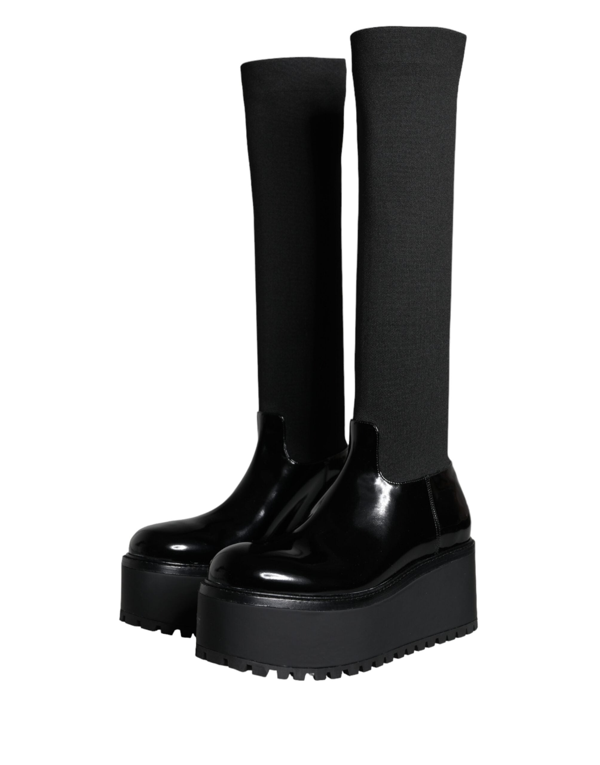 Dolce & Gabbana Black Leather Jersey Knee High Boots Women's Shoes