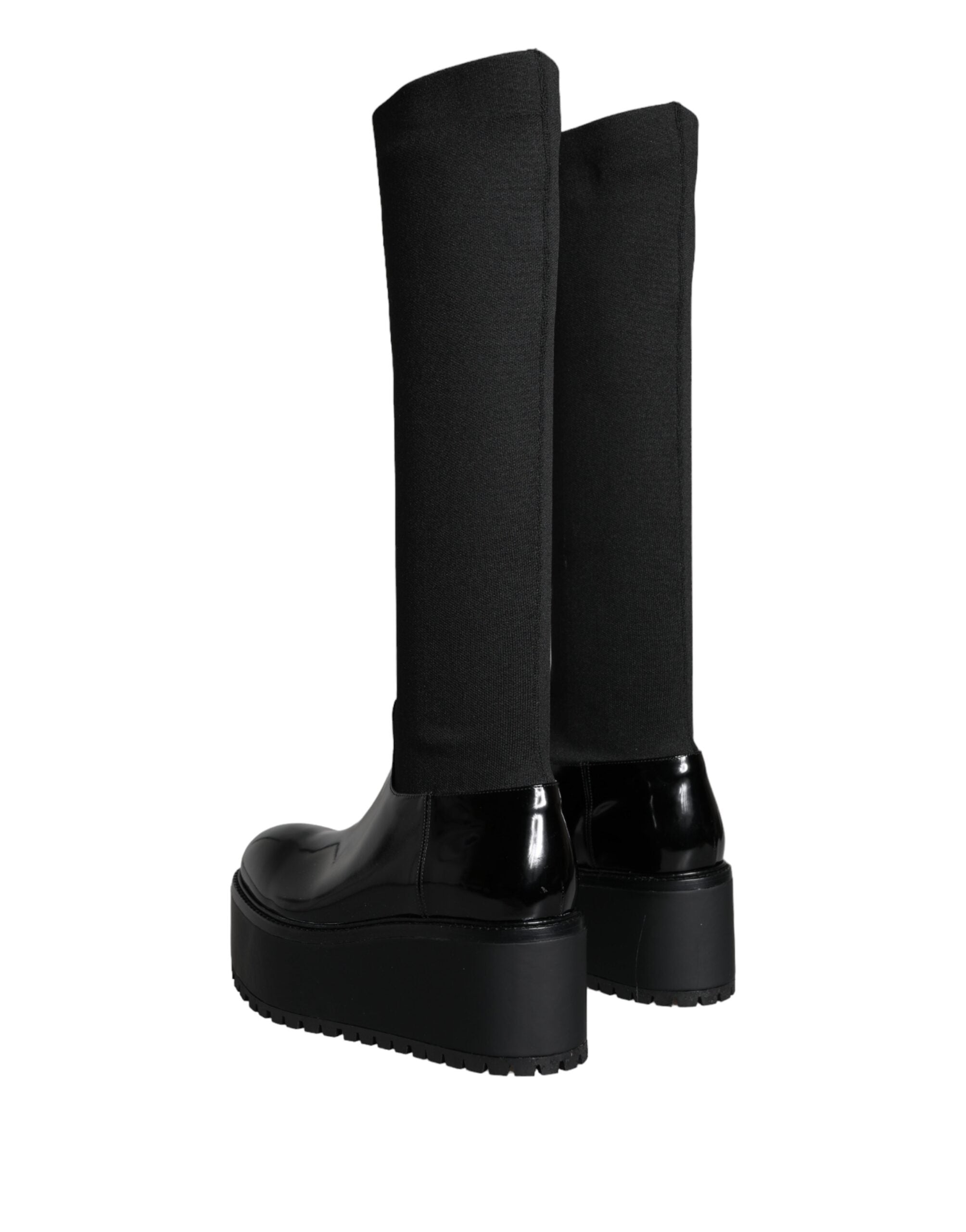 Dolce & Gabbana Black Leather Jersey Knee High Boots Women's Shoes