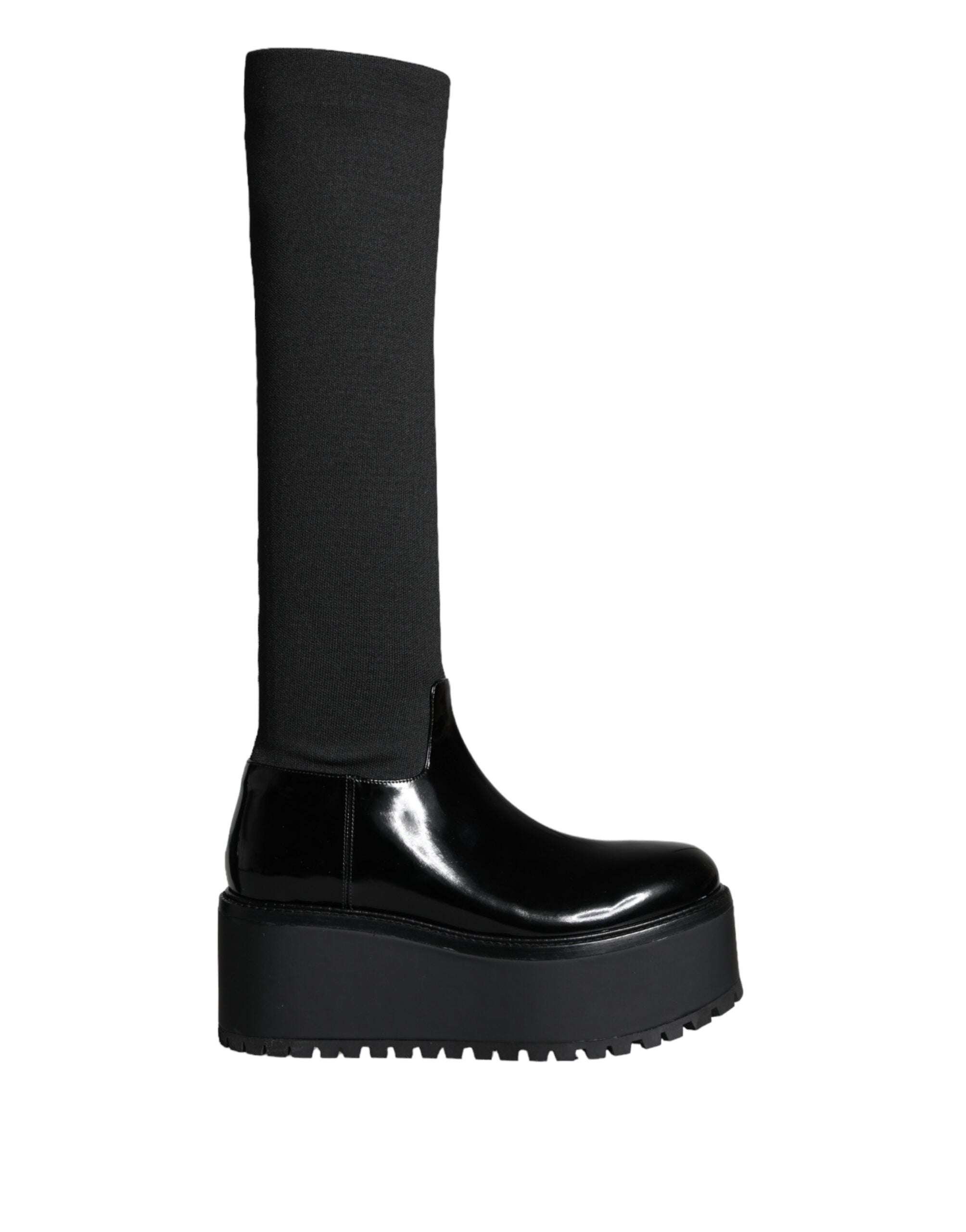 Dolce & Gabbana Black Leather Jersey Knee High Boots Women's Shoes