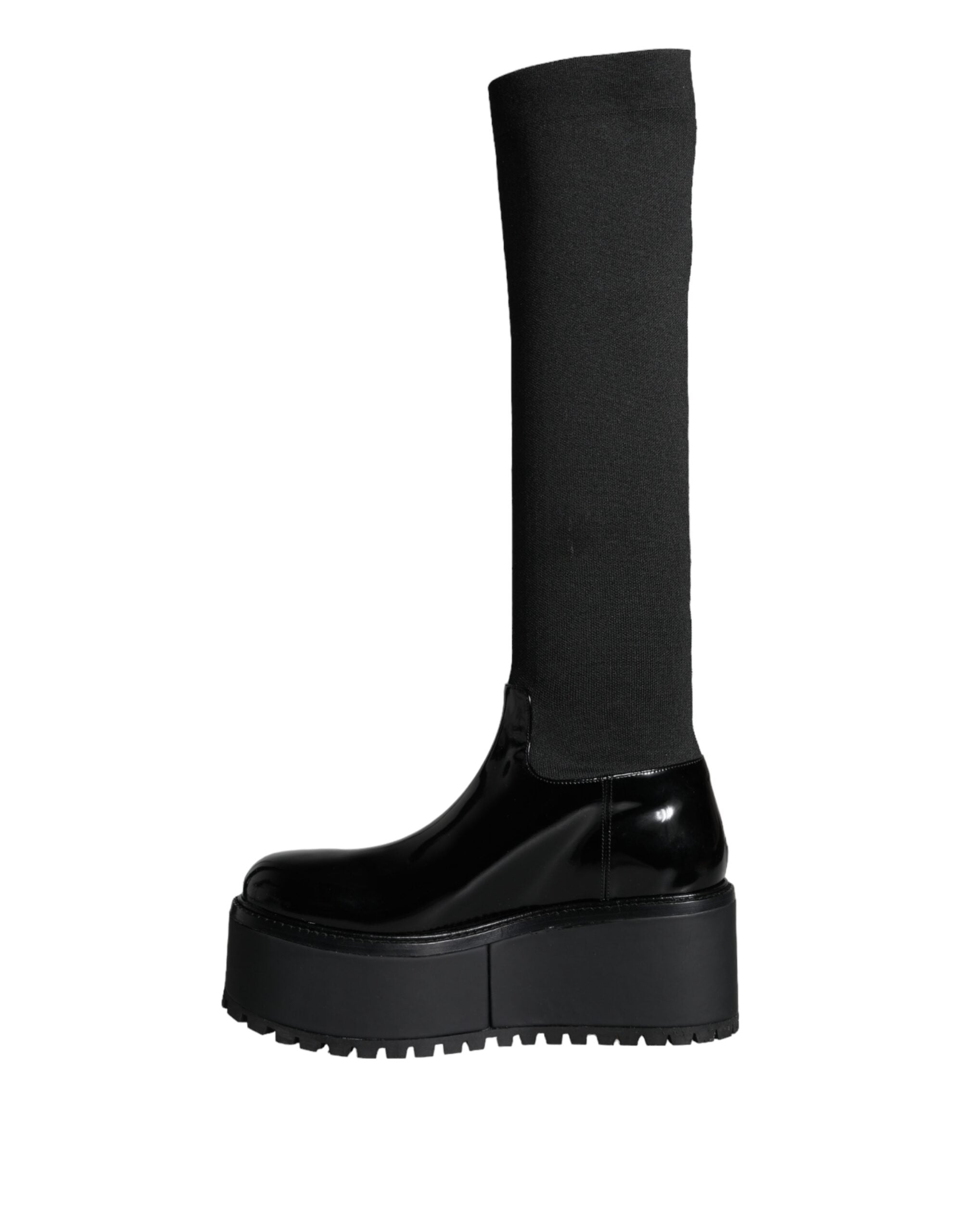 Dolce & Gabbana Black Leather Jersey Knee High Boots Women's Shoes