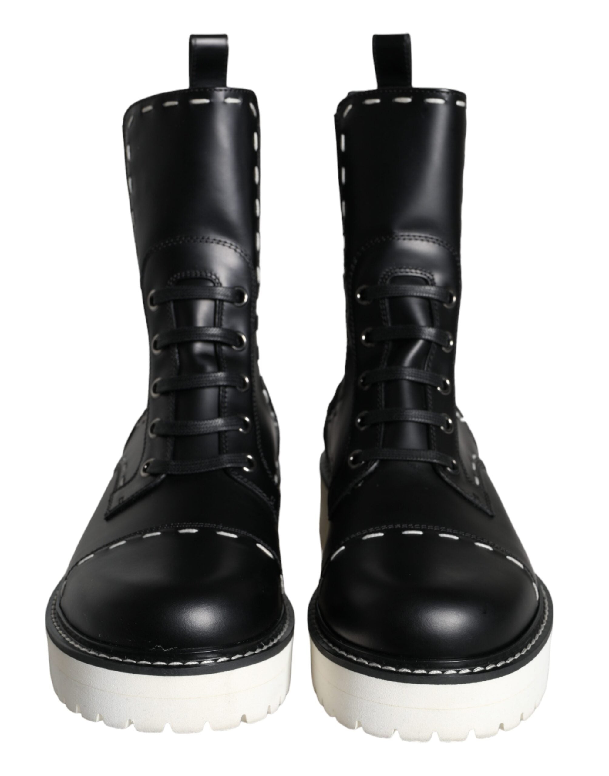 Dolce & Gabbana Black Leather Combat Mid Calf Boots Women's Shoes