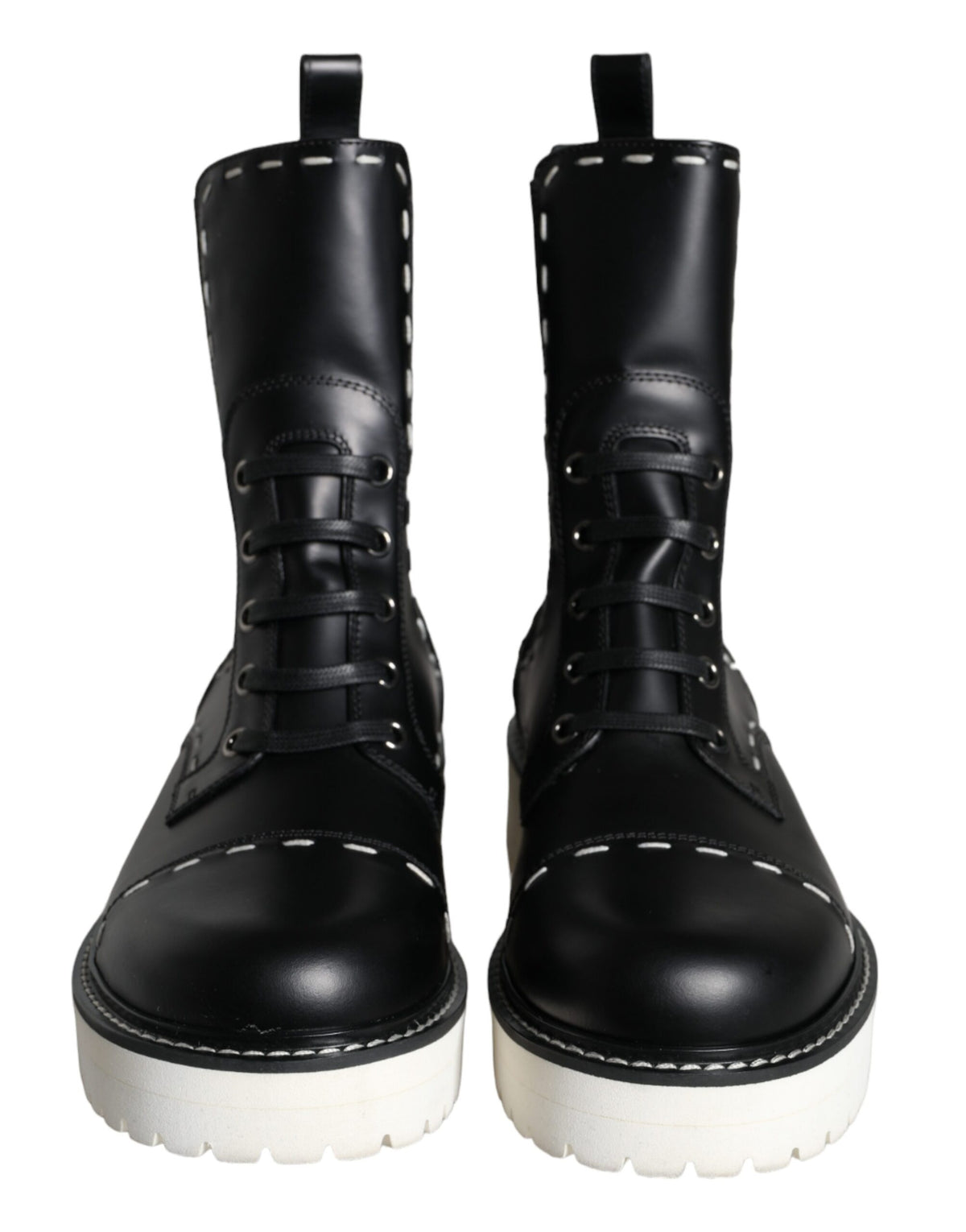 Dolce & Gabbana Black Leather Combat Mid Calf Boots Women's Shoes