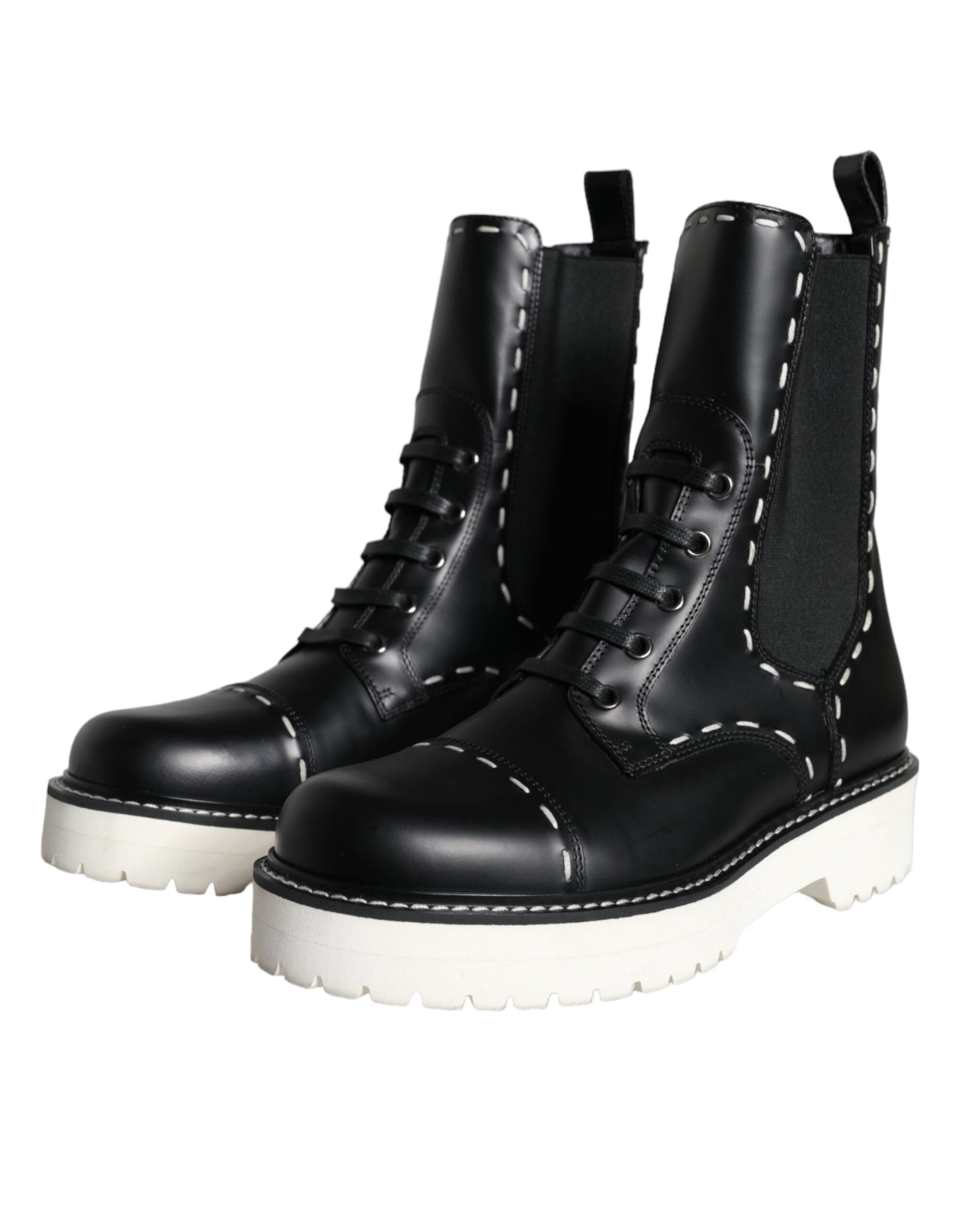 Dolce & Gabbana Black Leather Combat Mid Calf Boots Women's Shoes