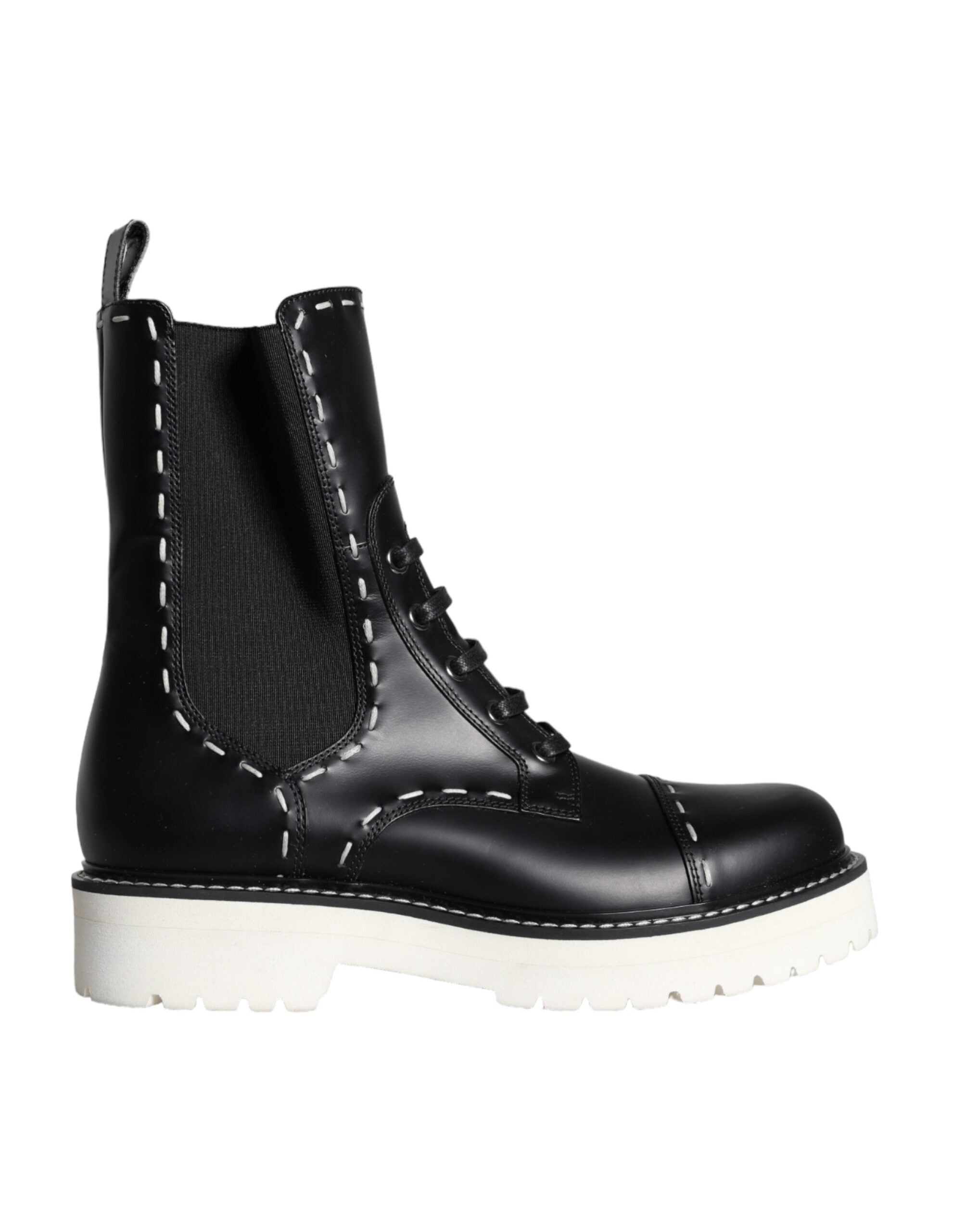 Dolce & Gabbana Black Leather Combat Mid Calf Boots Women's Shoes