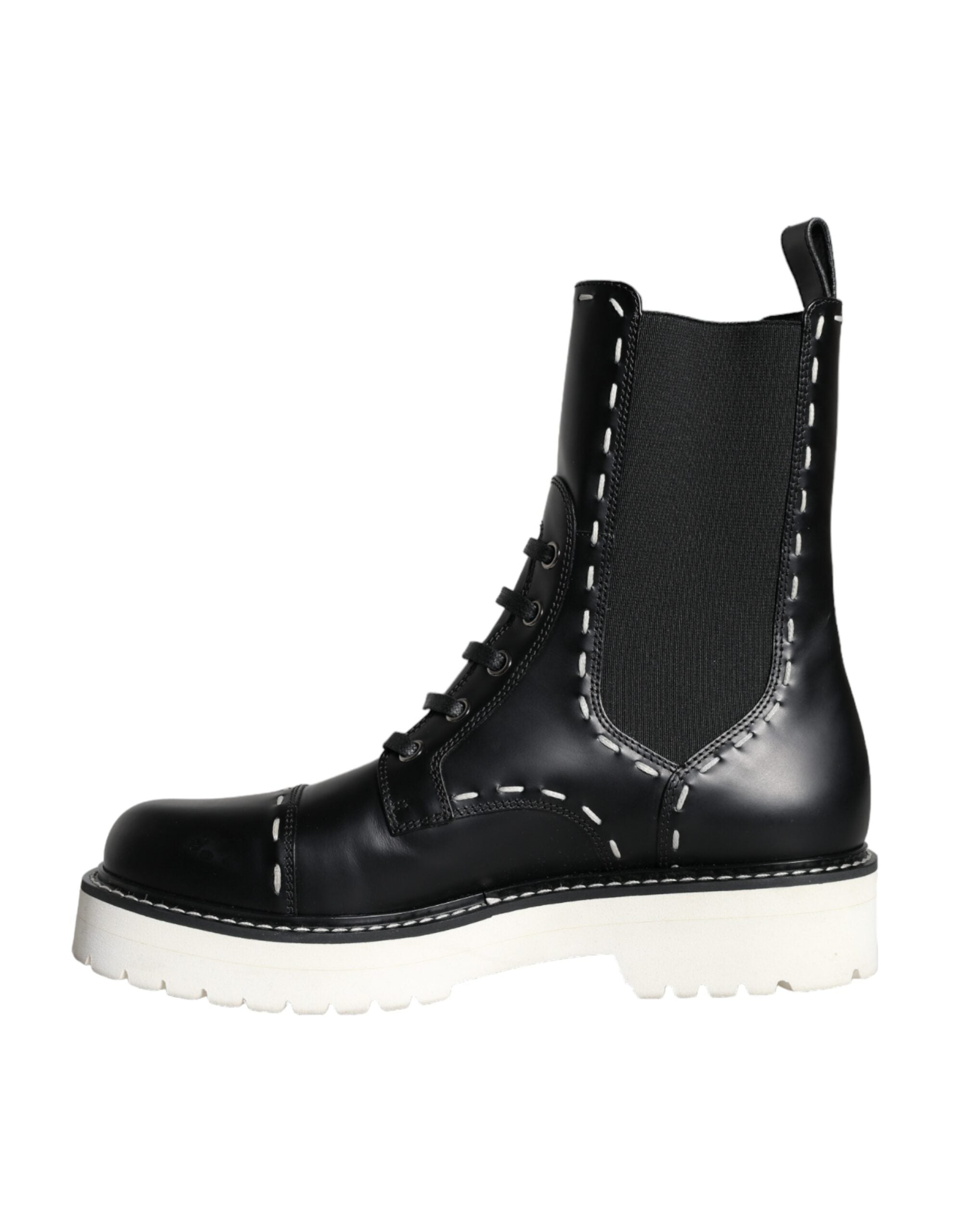 Dolce & Gabbana Black Leather Combat Mid Calf Boots Women's Shoes