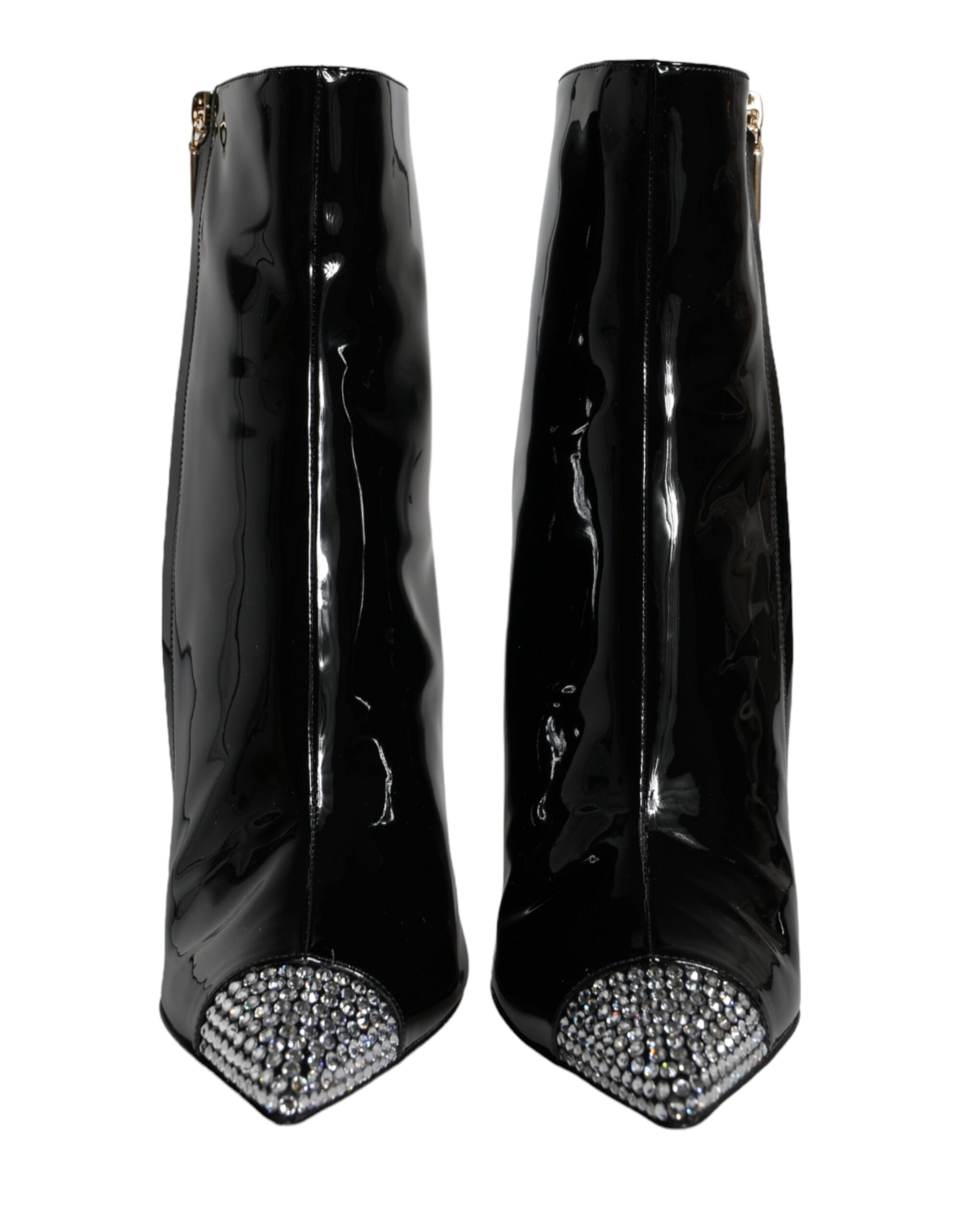 Dolce & Gabbana Black Patent Leather Crystal Heel Boots Women's Shoes
