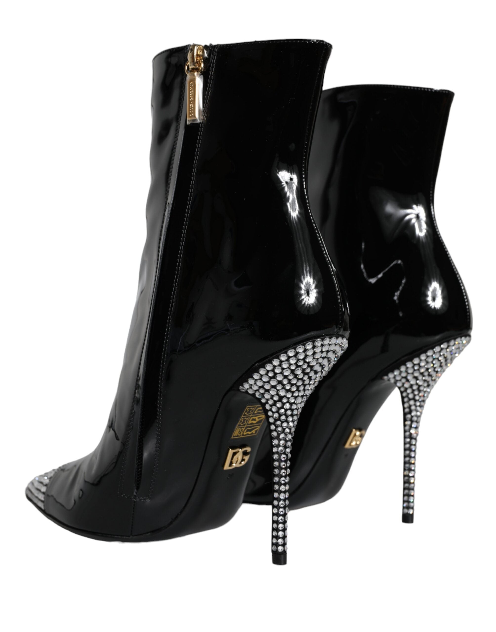 Dolce & Gabbana Black Patent Leather Crystal Heel Boots Women's Shoes