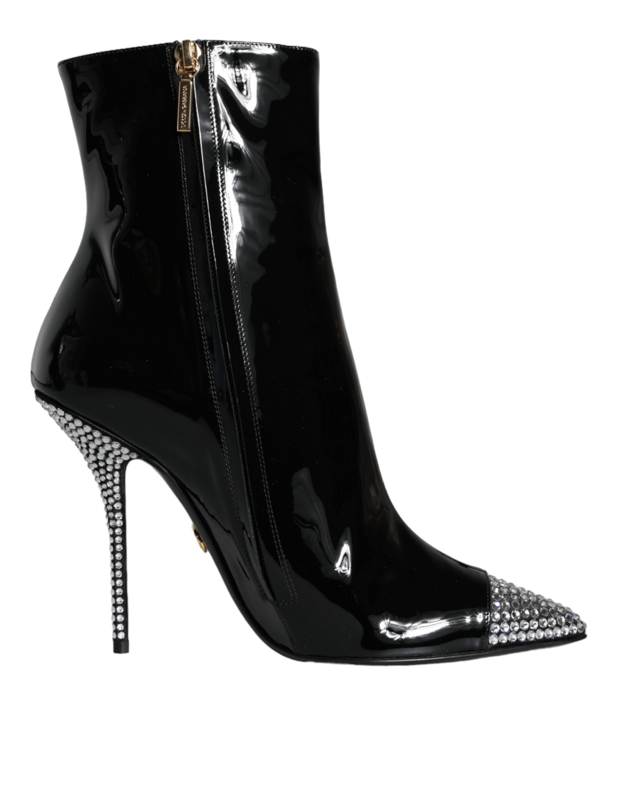 Dolce & Gabbana Black Patent Leather Crystal Heel Boots Women's Shoes