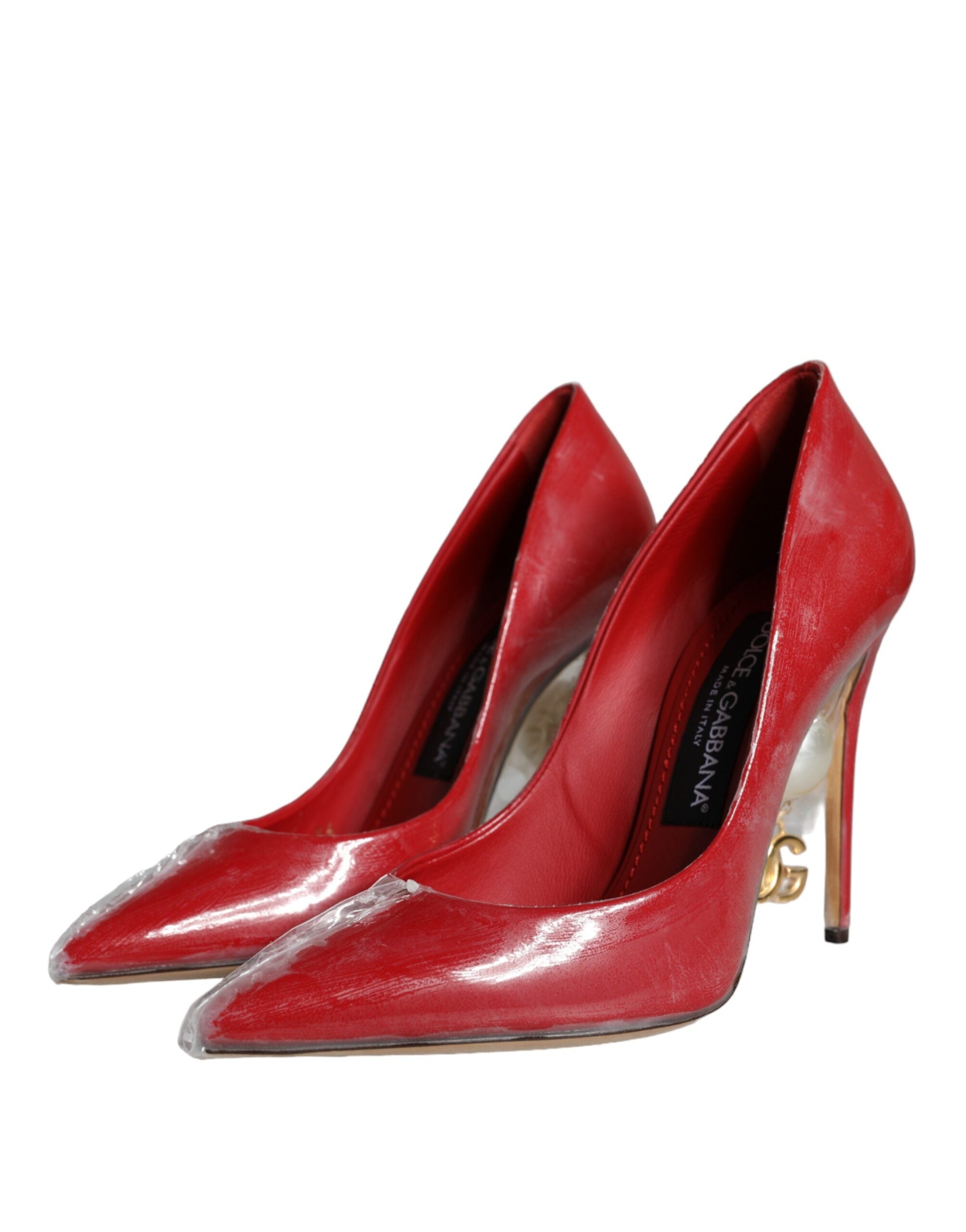 Dolce & Gabbana Red Patent Leather Faux Pearl Heels Pumps Women's Shoes