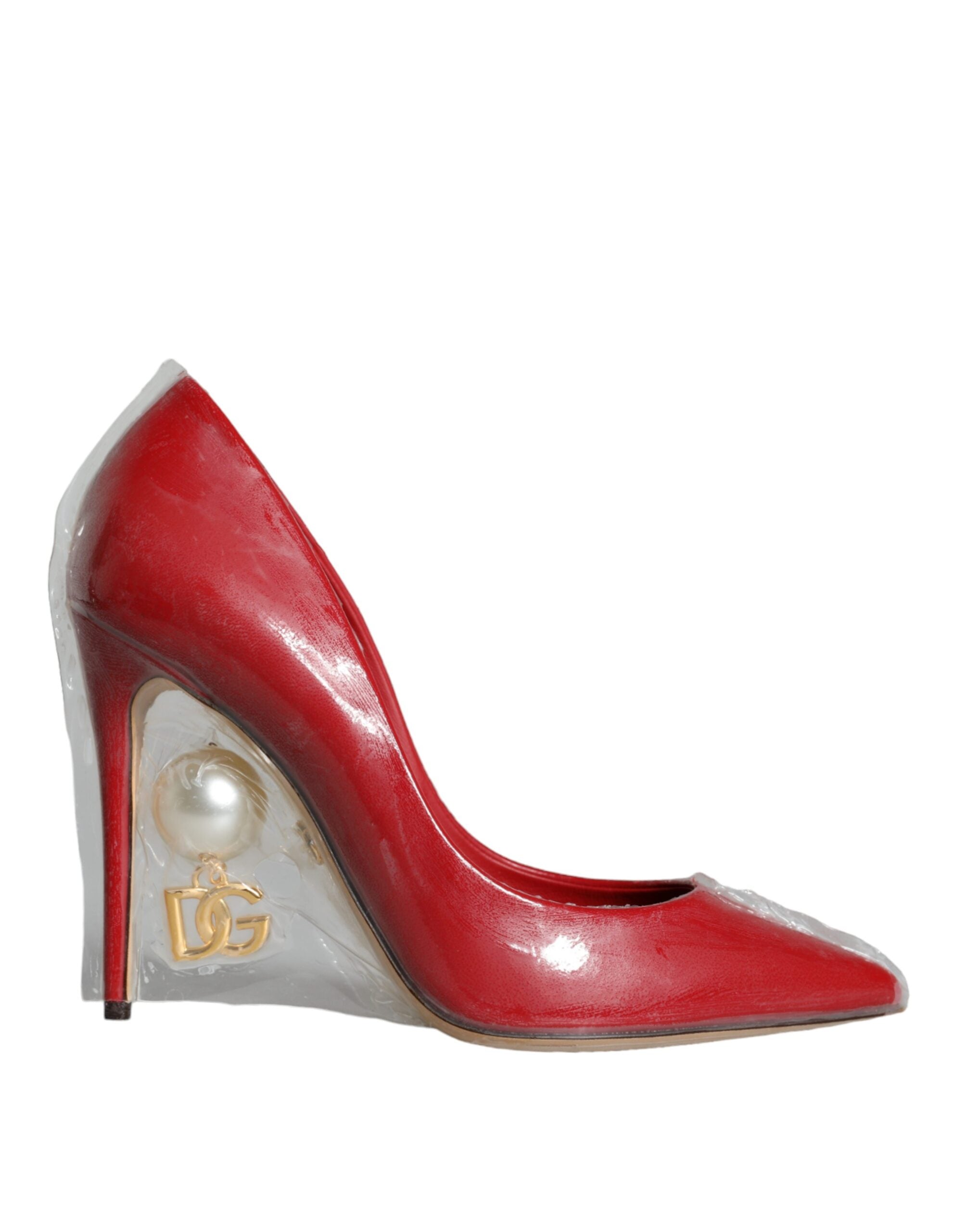 Dolce & Gabbana Red Patent Leather Faux Pearl Heels Pumps Women's Shoes
