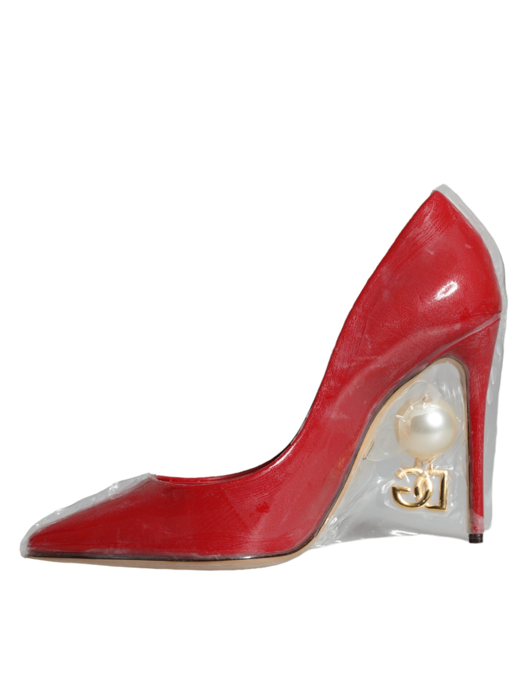 Dolce & Gabbana Red Patent Leather Faux Pearl Heels Pumps Women's Shoes