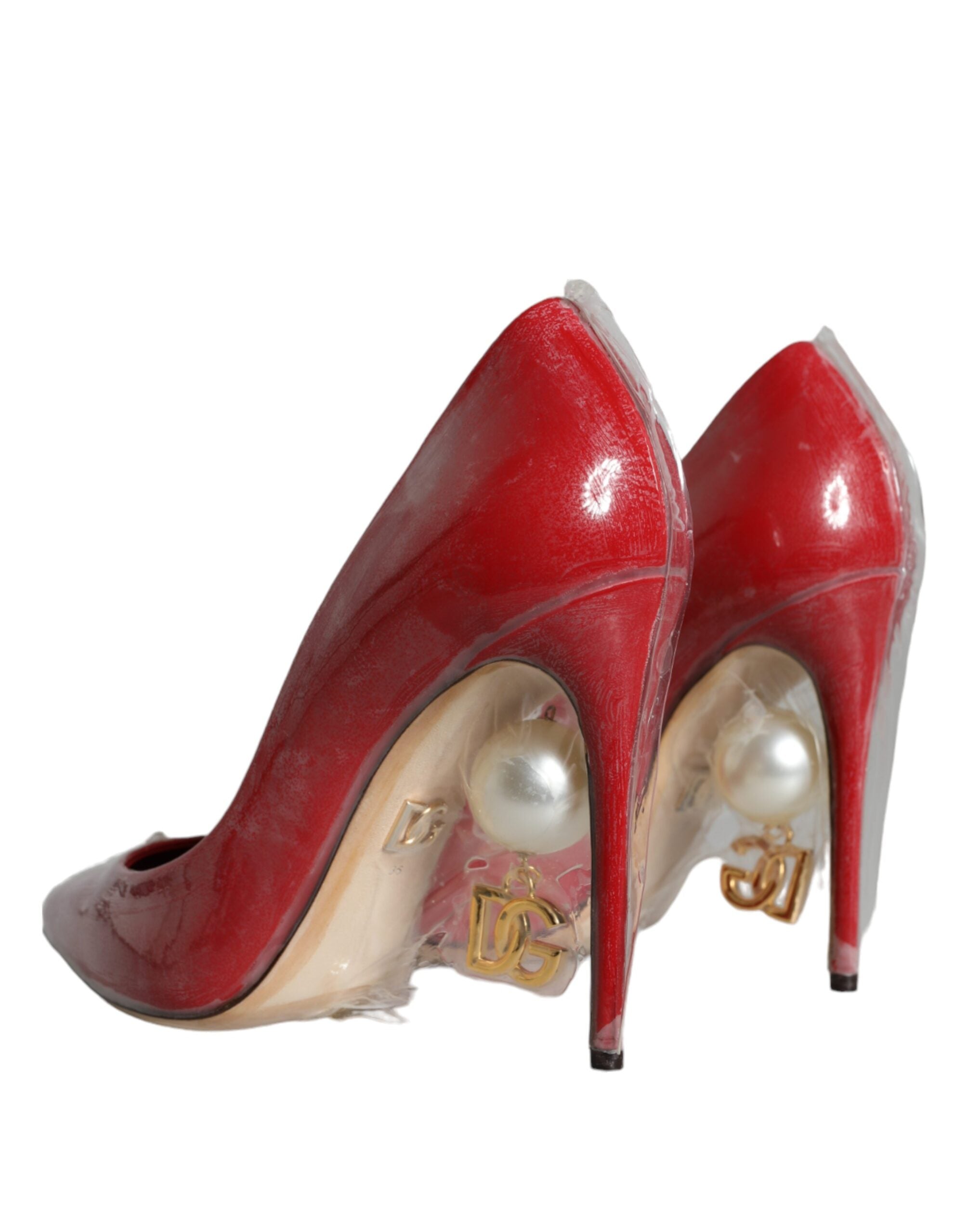 Dolce & Gabbana Red Patent Leather Faux Pearl Heels Pumps Women's Shoes