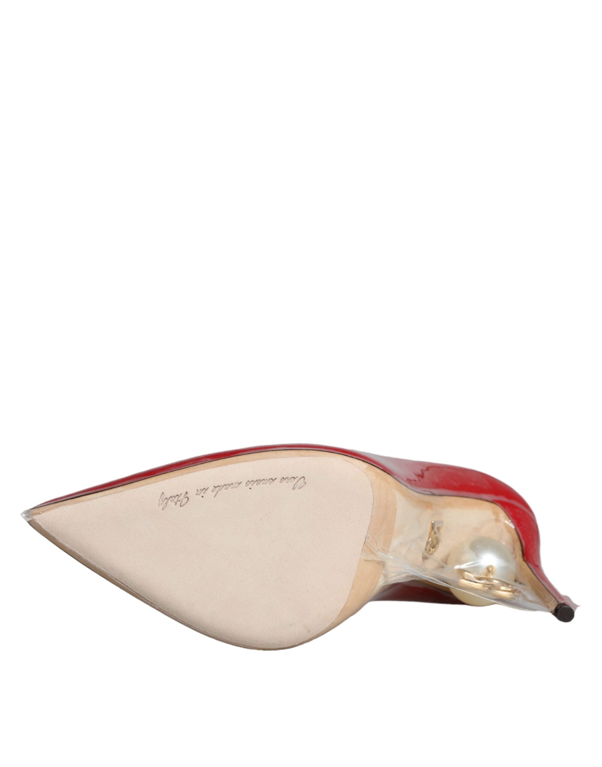 Dolce & Gabbana Red Patent Leather Faux Pearl Heels Pumps Women's Shoes