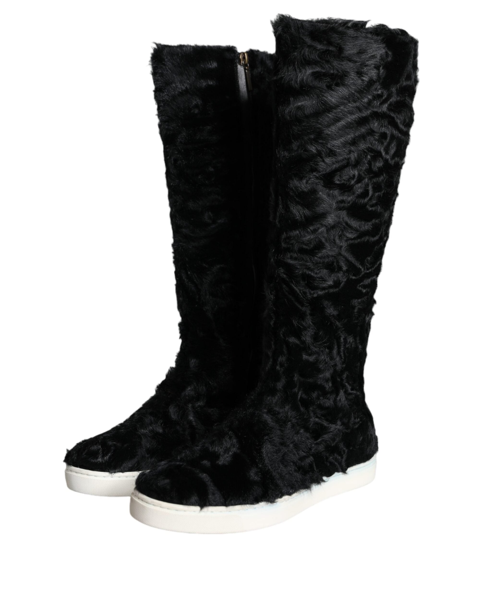 Dolce & Gabbana Black Xiangao Lamb Fur Leather Boots Women's Shoes (Pre-Owned)