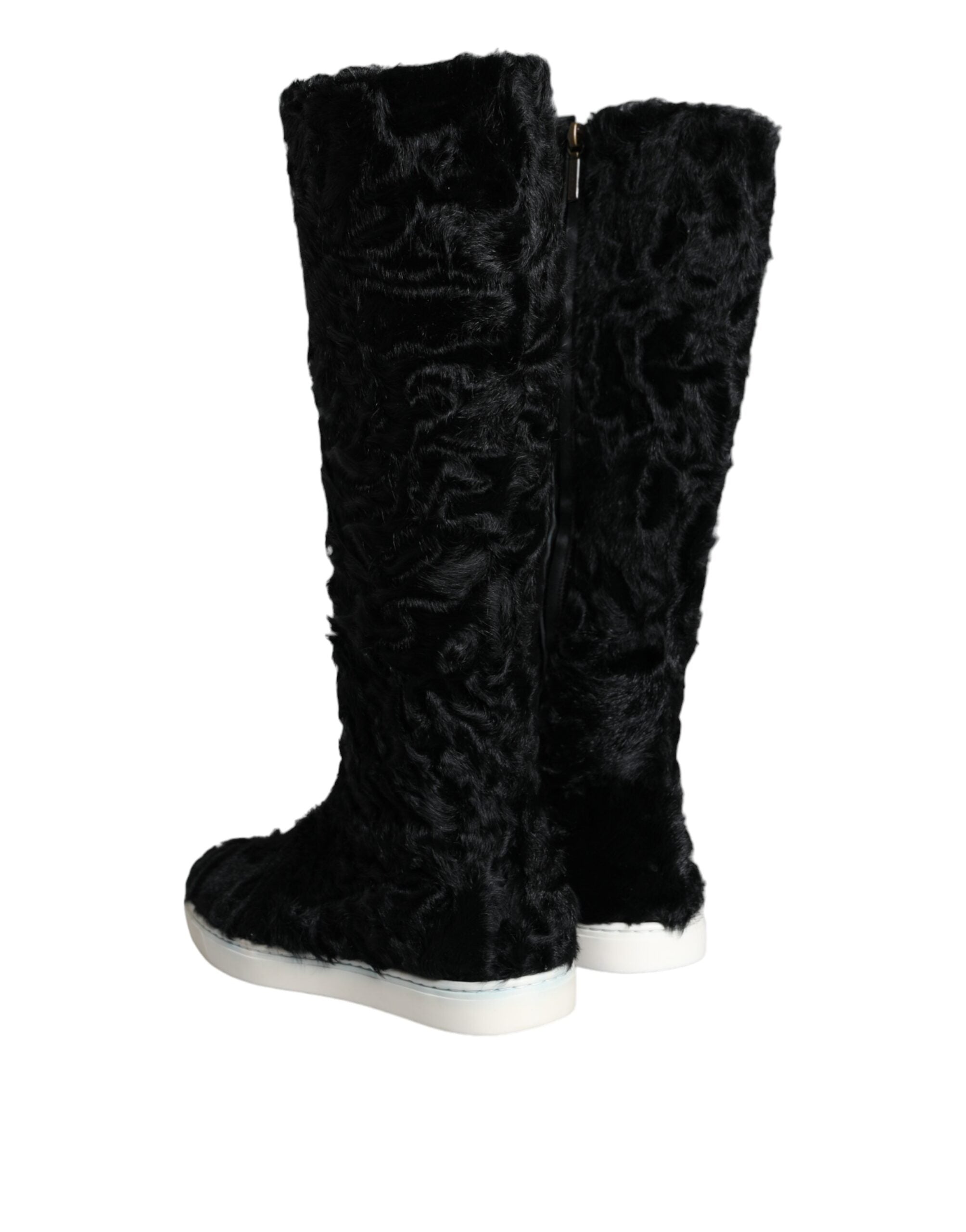 Dolce & Gabbana Black Xiangao Lamb Fur Leather Boots Women's Shoes (Pre-Owned)
