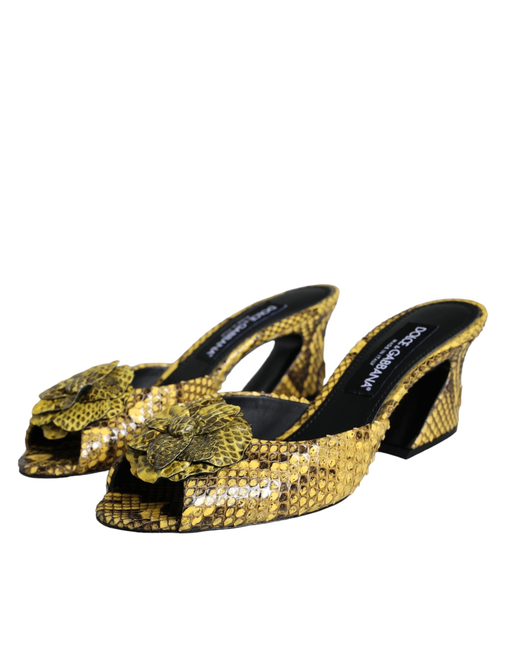 Dolce & Gabbana Yellow Leather Block Heels Slides Women's Shoes