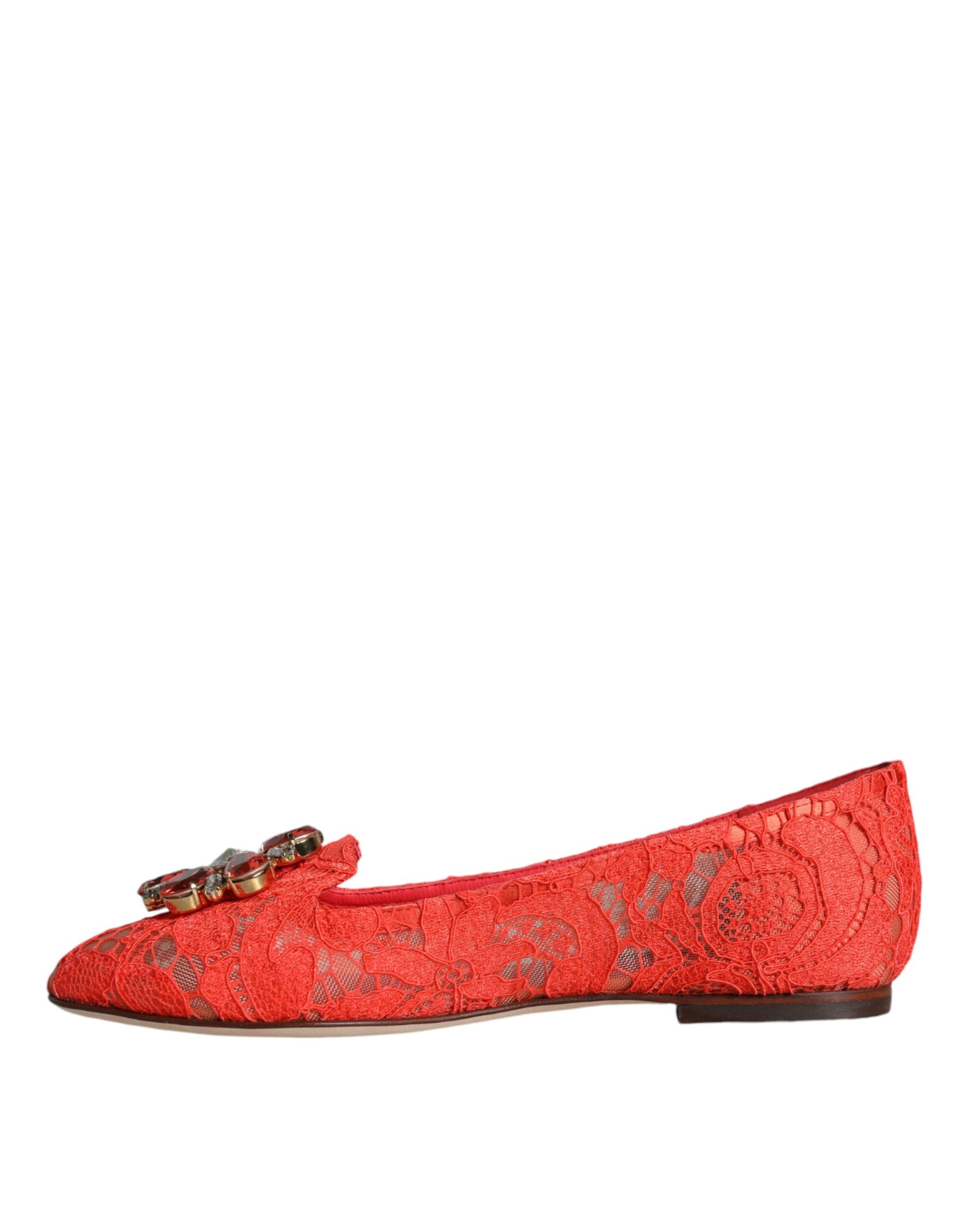 Dolce & Gabbana Coral Lace Crystal Ballet Flats Loafers Women's Shoes