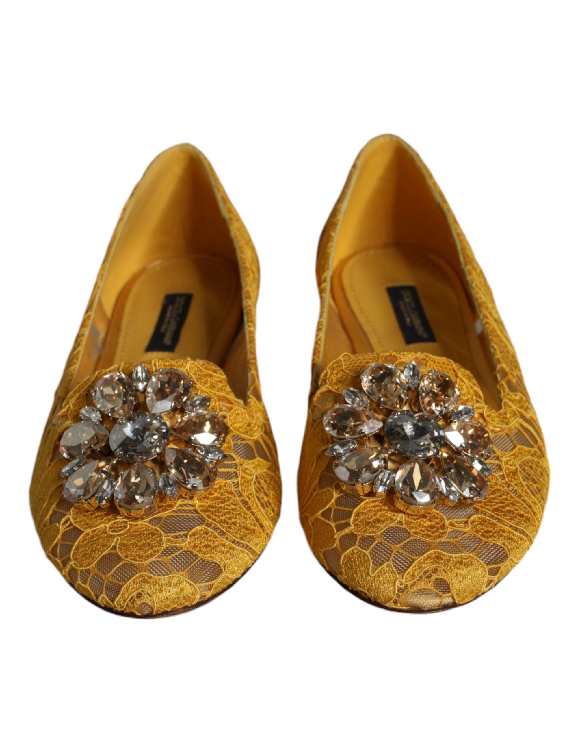 Dolce & Gabbana Mustard Lace Crystal Ballet Flats Loafer Women's Shoes