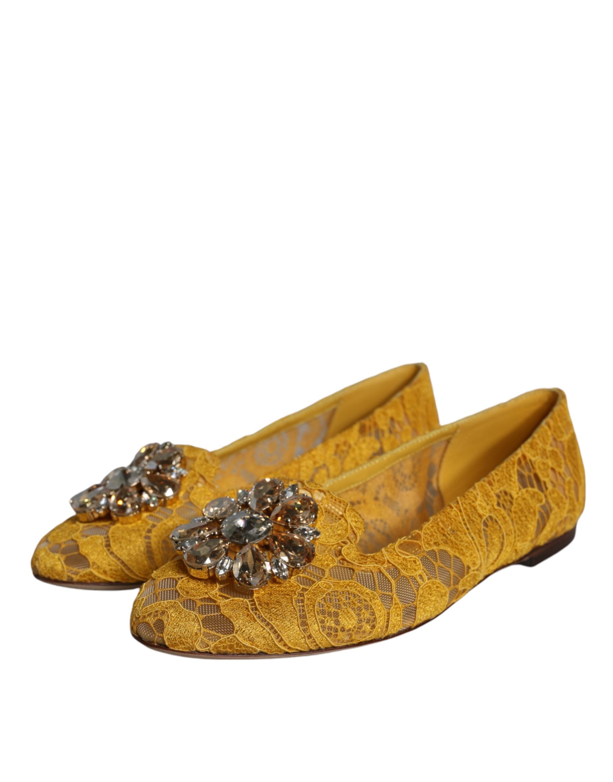 Dolce & Gabbana Mustard Lace Crystal Ballet Flats Loafer Women's Shoes