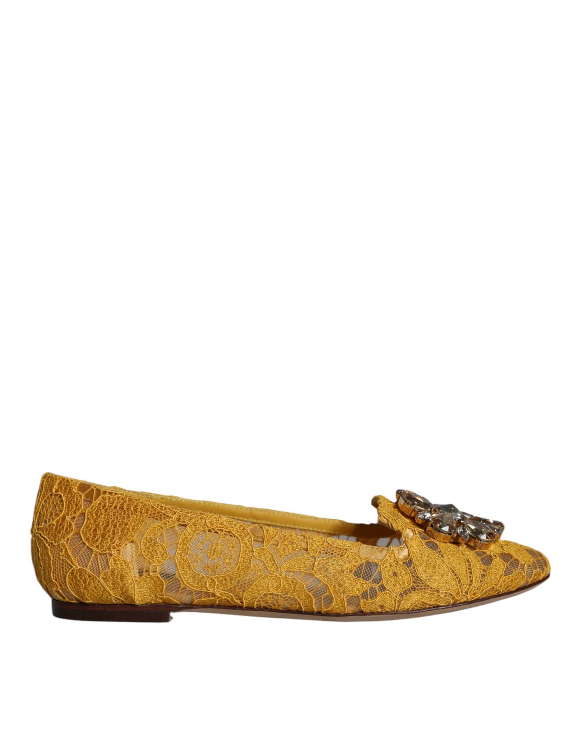 Dolce & Gabbana Mustard Lace Crystal Ballet Flats Loafer Women's Shoes