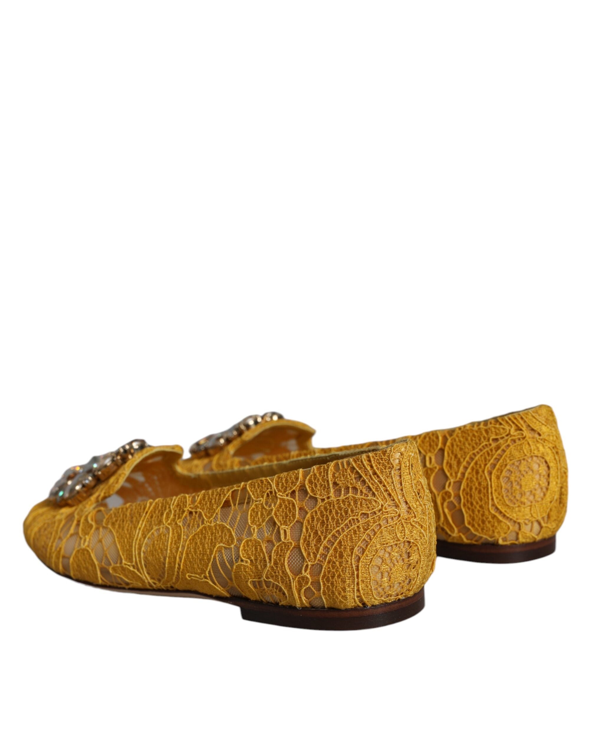 Dolce & Gabbana Mustard Lace Crystal Ballet Flats Loafer Women's Shoes