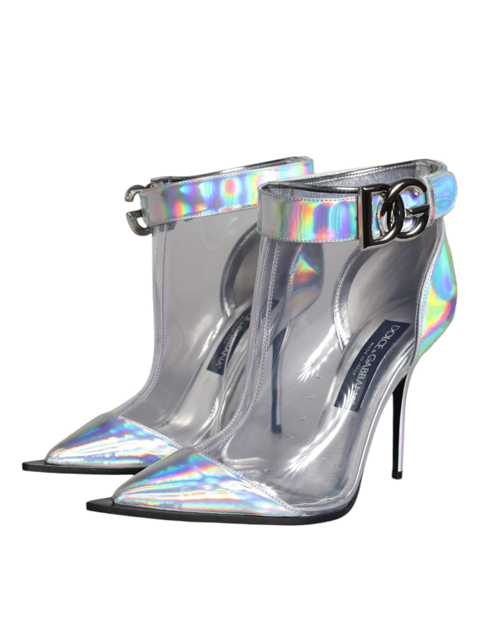 Dolce & Gabbana Silver Iridescent PVC Pointed Short Boots Women's Shoes