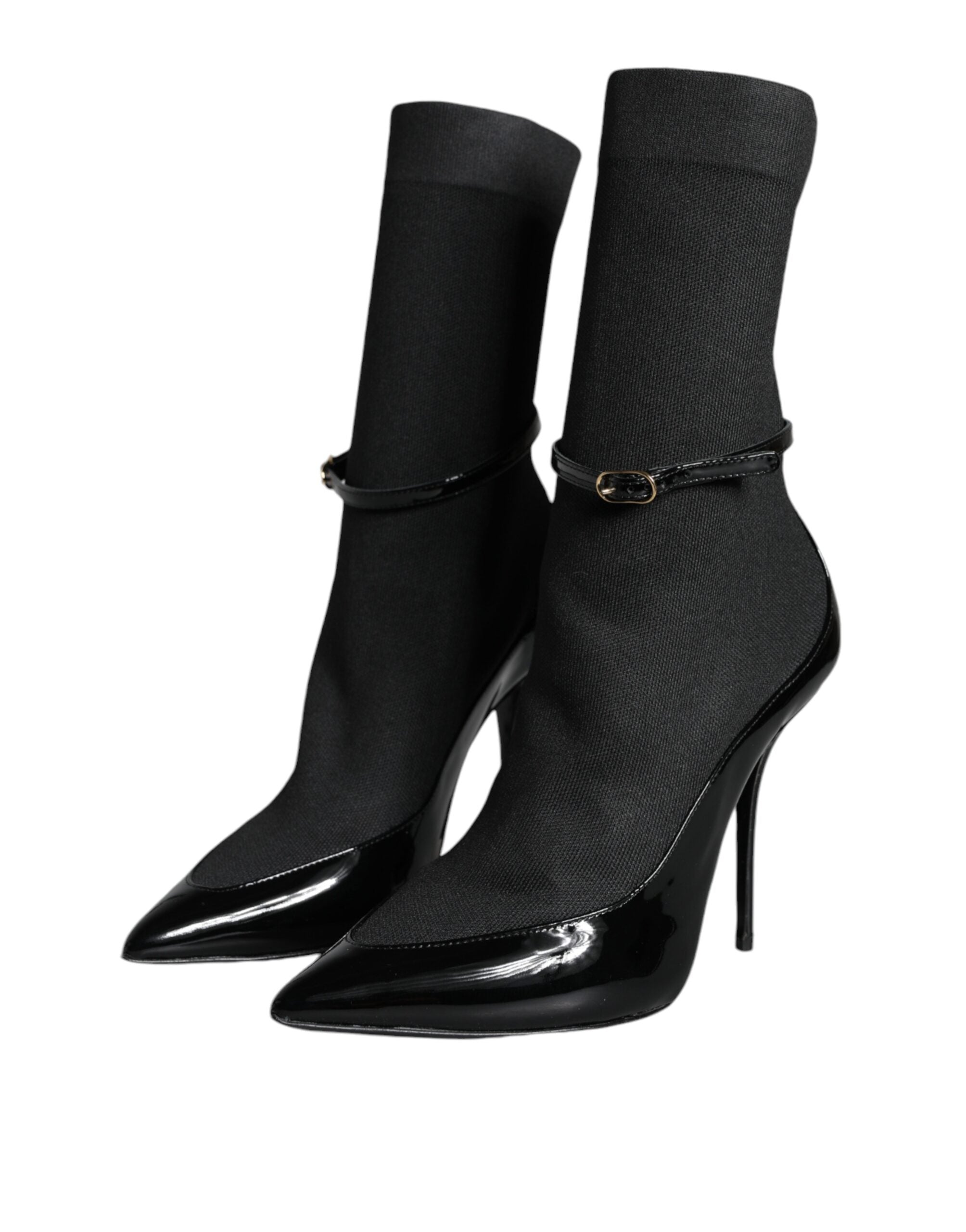 Dolce & Gabbana Black Leather Stilettos Booties Socks Women's Shoes