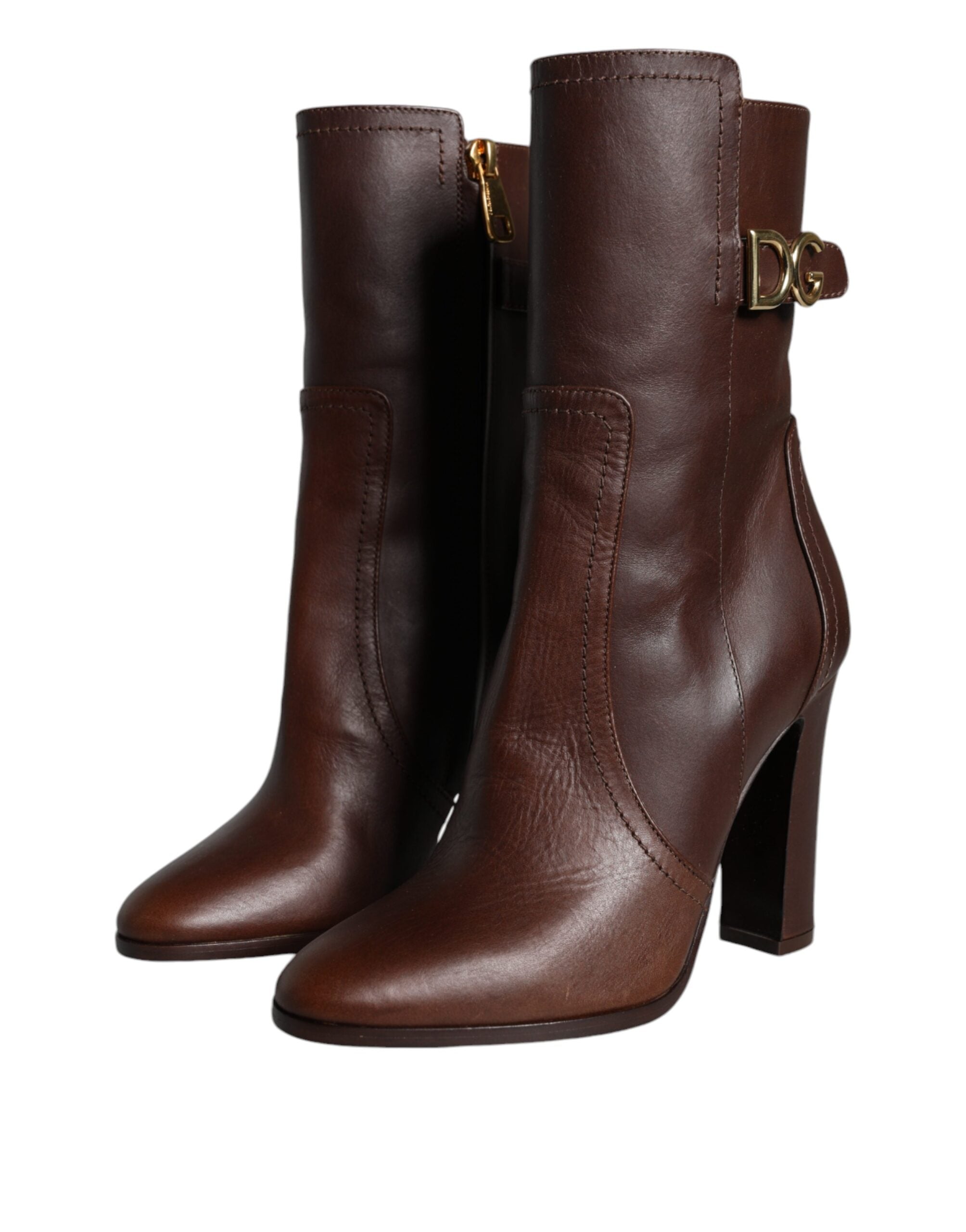 Dolce & Gabbana Brown Leather Heels Mid Calf Boots Women's Shoes