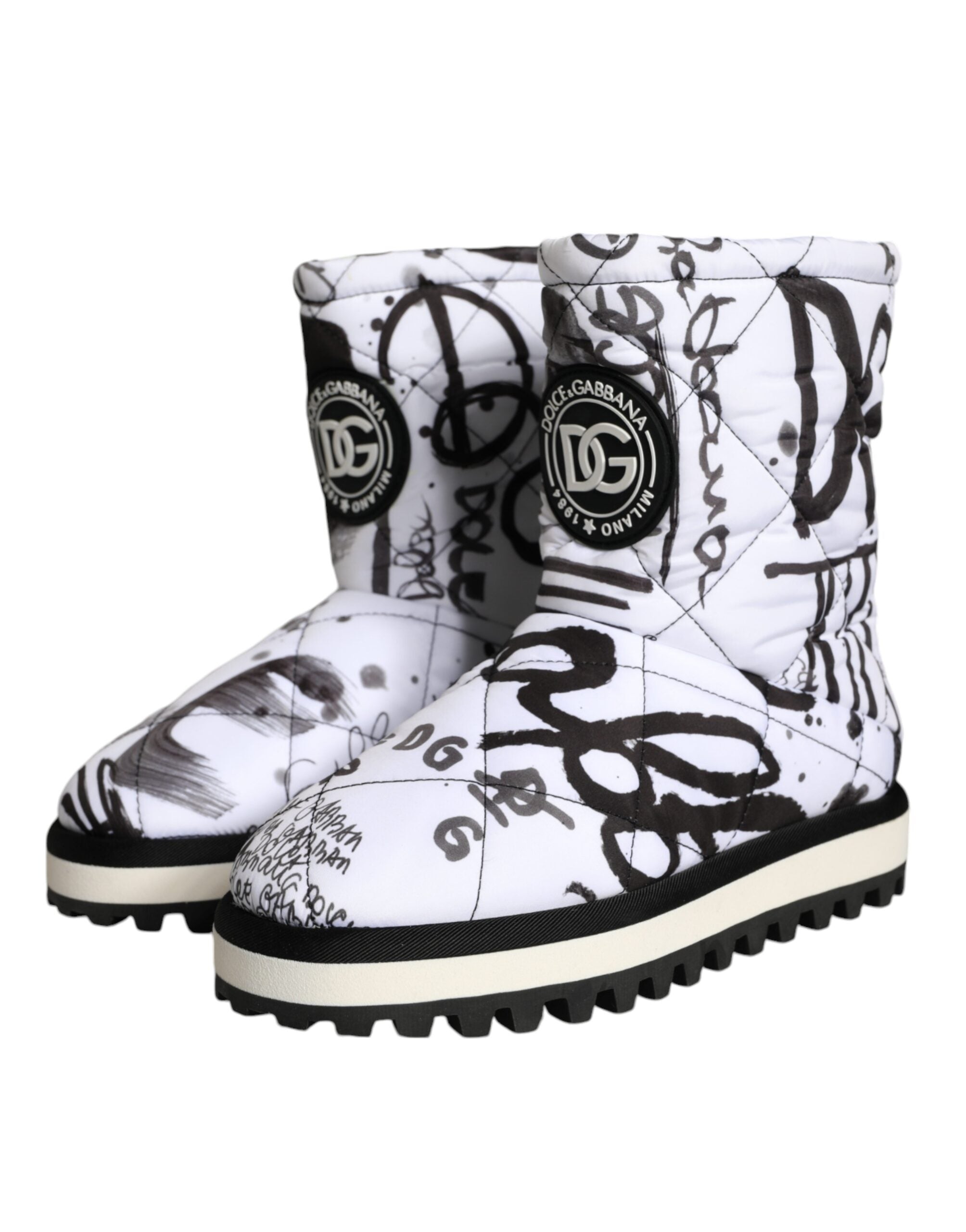 Dolce & Gabbana White Padded Logo Print Mid Calf Boots Women's Shoes