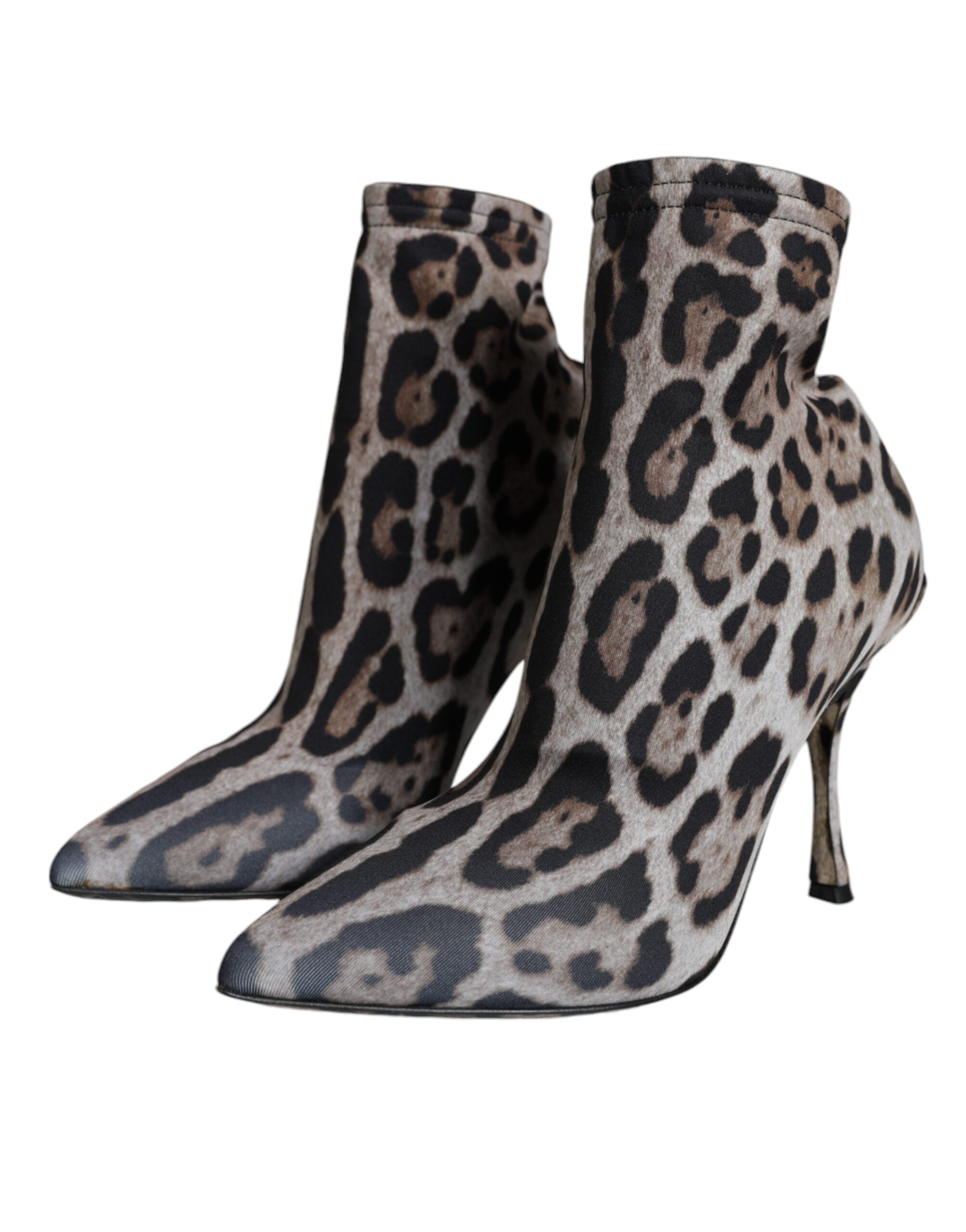 Dolce & Gabbana Gray Leopard Stretch Heels Ankle Boots Women's Shoes