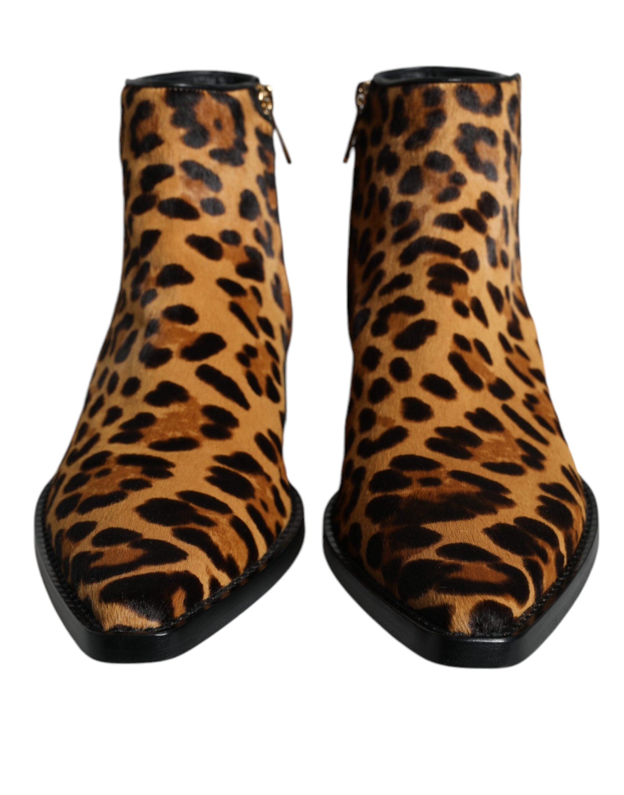 Dolce & Gabbana Brown Leopard Calf Fur Ankle Boots Women's Shoes