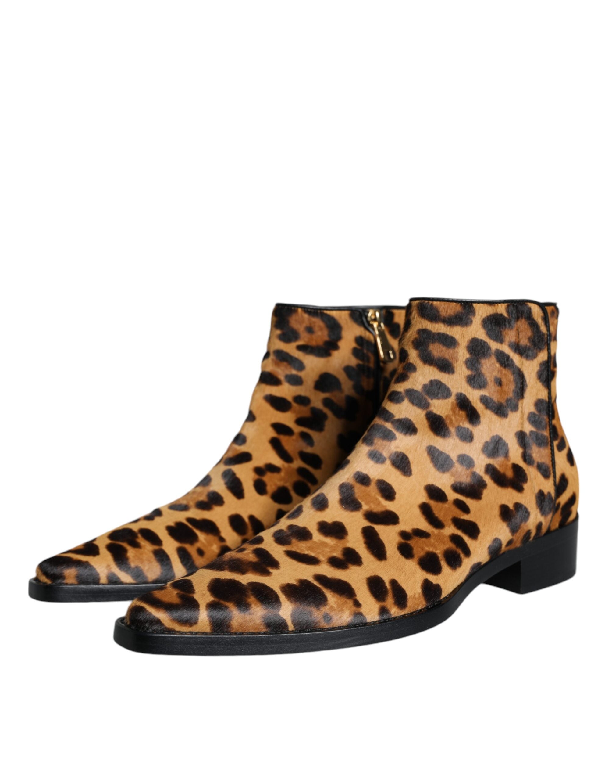 Dolce & Gabbana Brown Leopard Calf Fur Ankle Boots Women's Shoes
