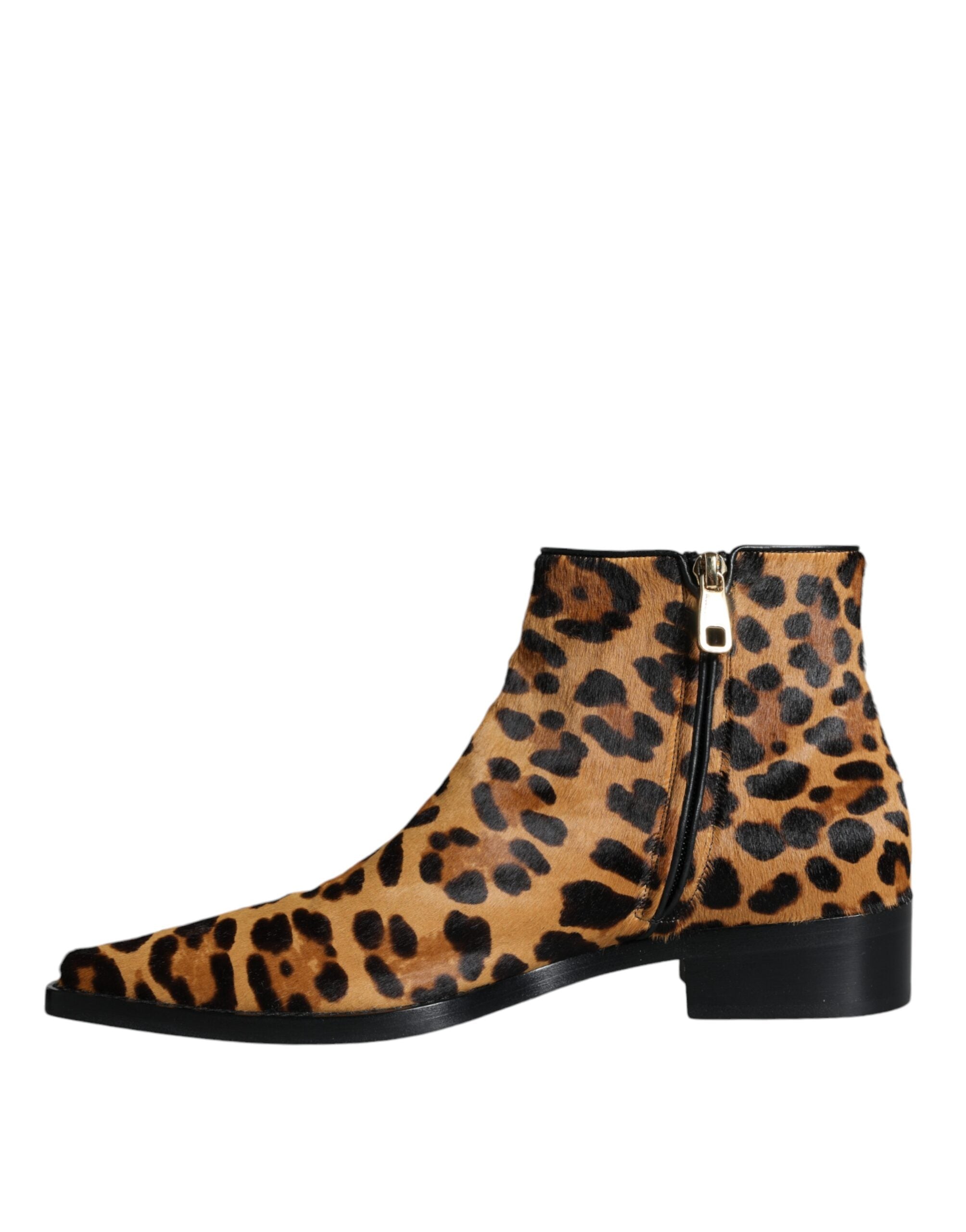 Dolce & Gabbana Brown Leopard Calf Fur Ankle Boots Women's Shoes