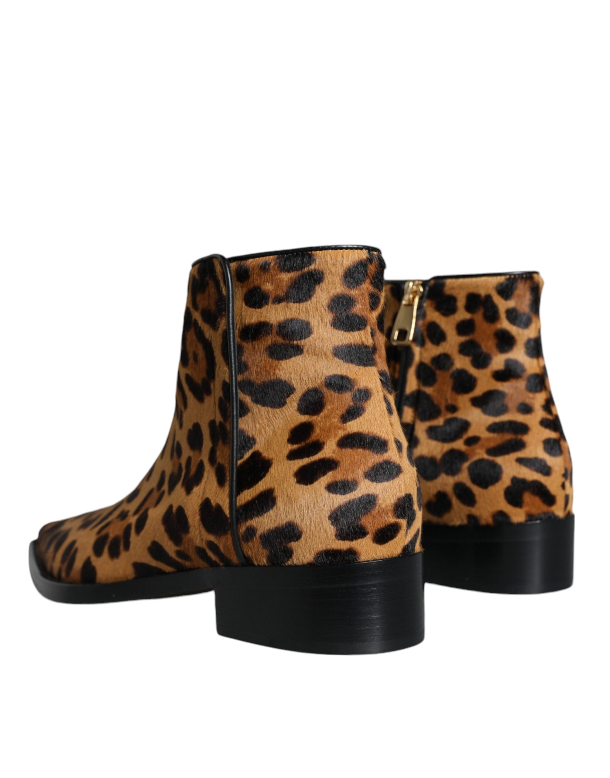 Dolce & Gabbana Brown Leopard Calf Fur Ankle Boots Women's Shoes