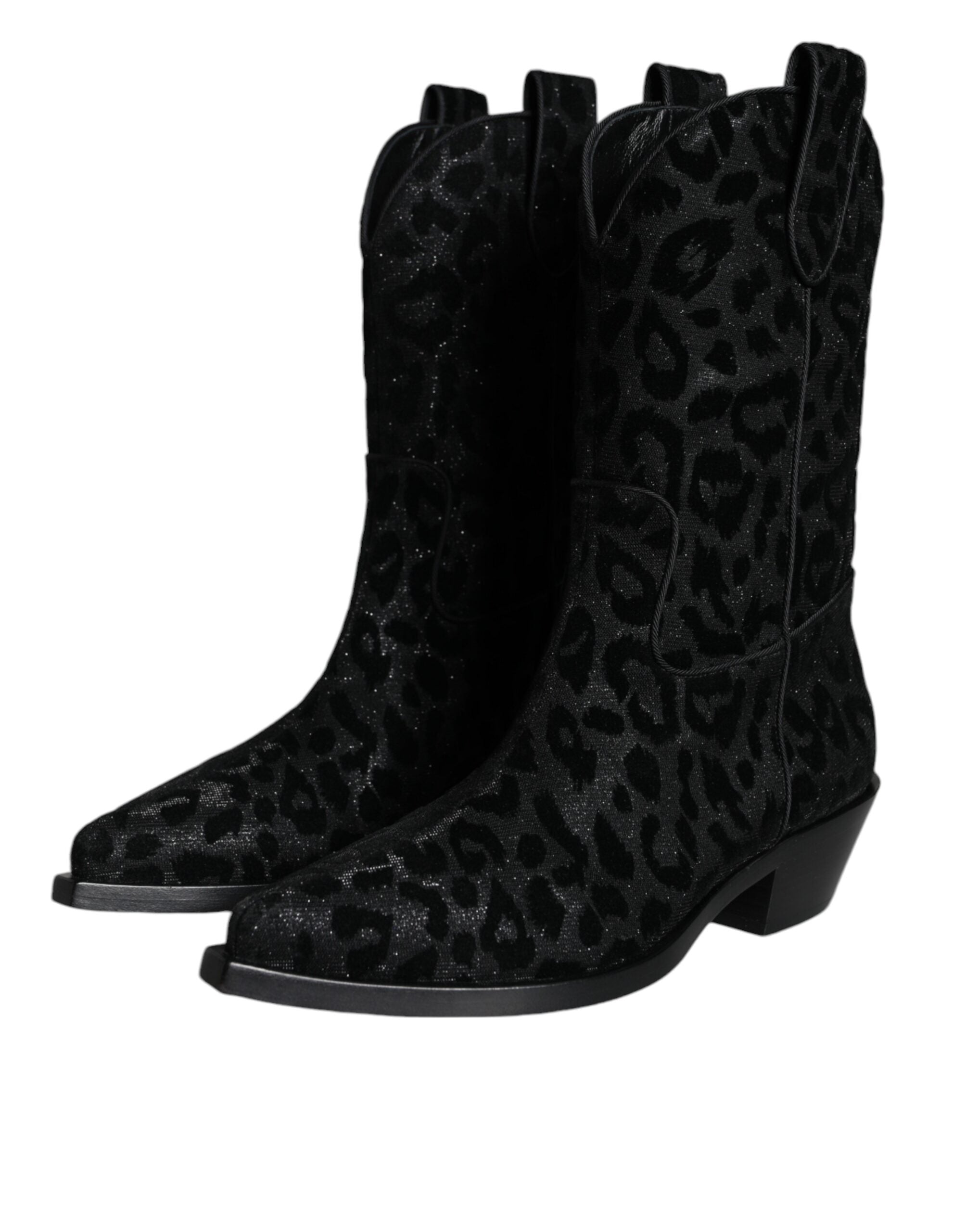 Dolce & Gabbana Black Gray Leopard Cowboy Boots Women's Shoes