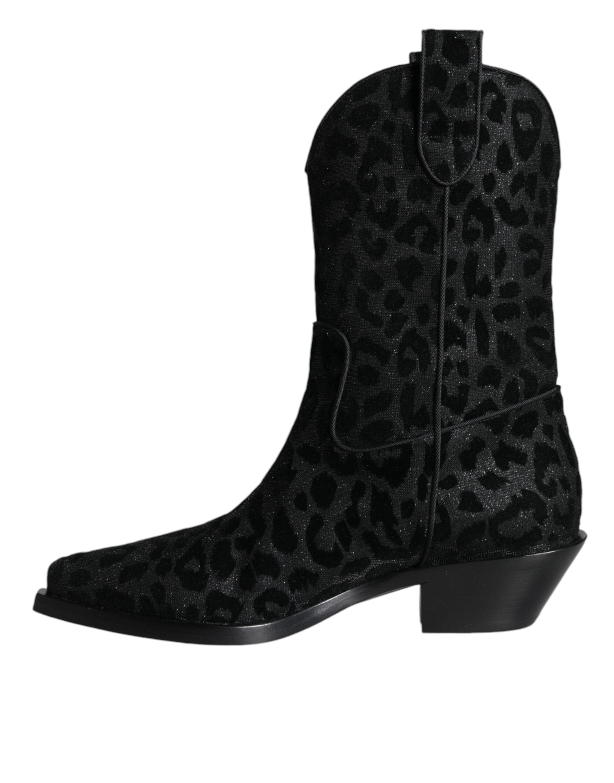Dolce & Gabbana Black Gray Leopard Cowboy Boots Women's Shoes