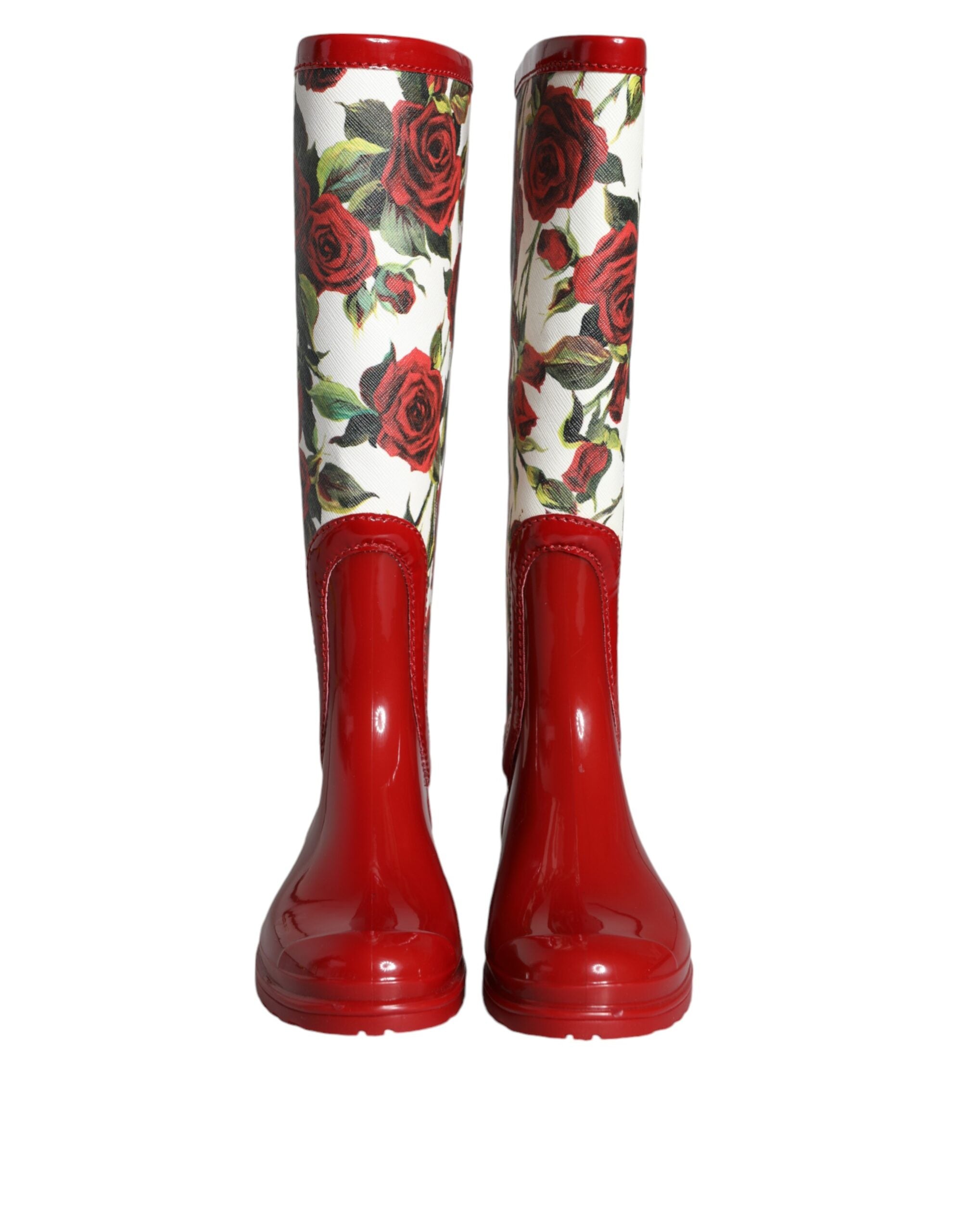 Dolce & Gabbana Red Floral Rubber Knee High Flat Boots Women's Shoes
