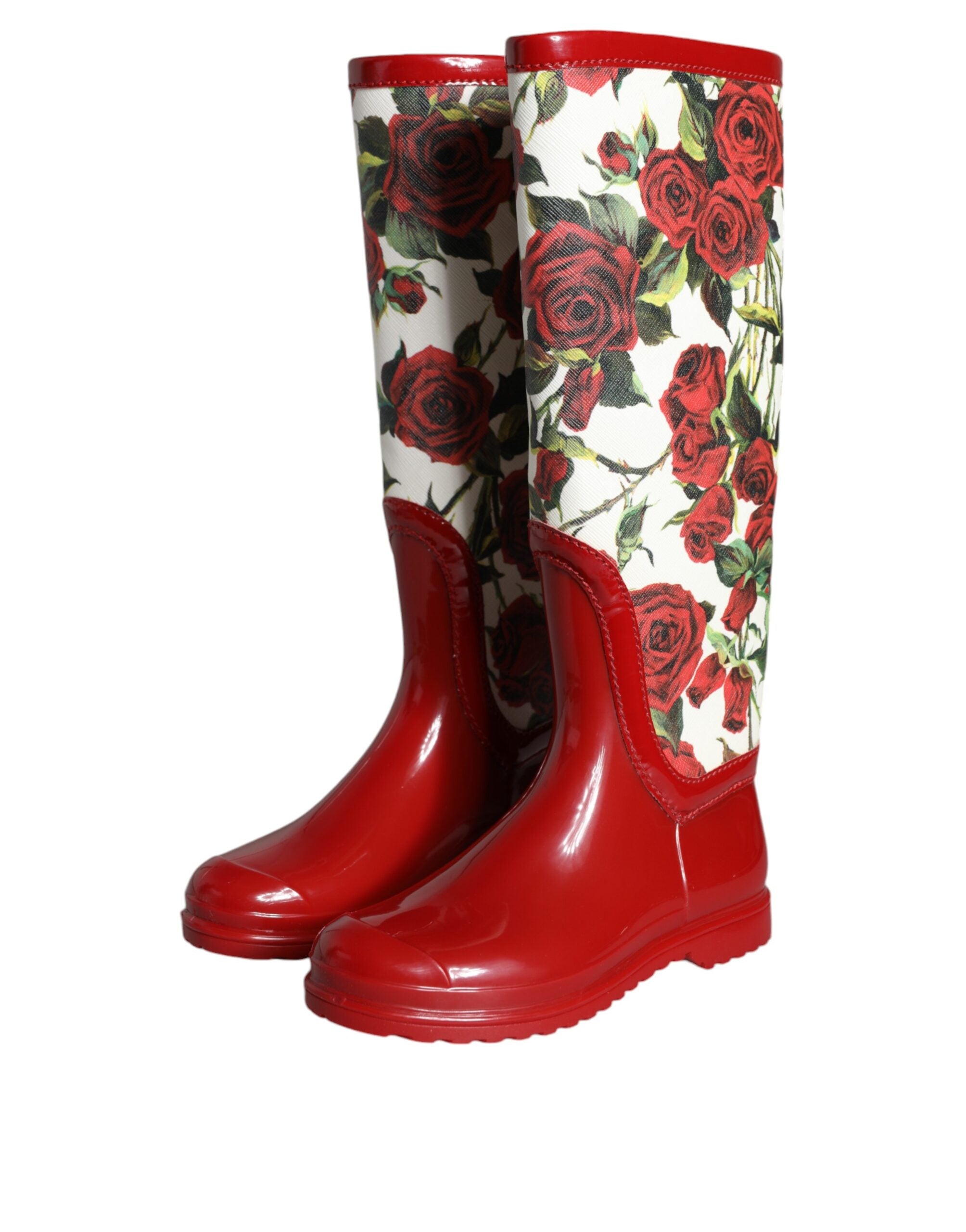 Dolce & Gabbana Red Floral Rubber Knee High Flat Boots Women's Shoes