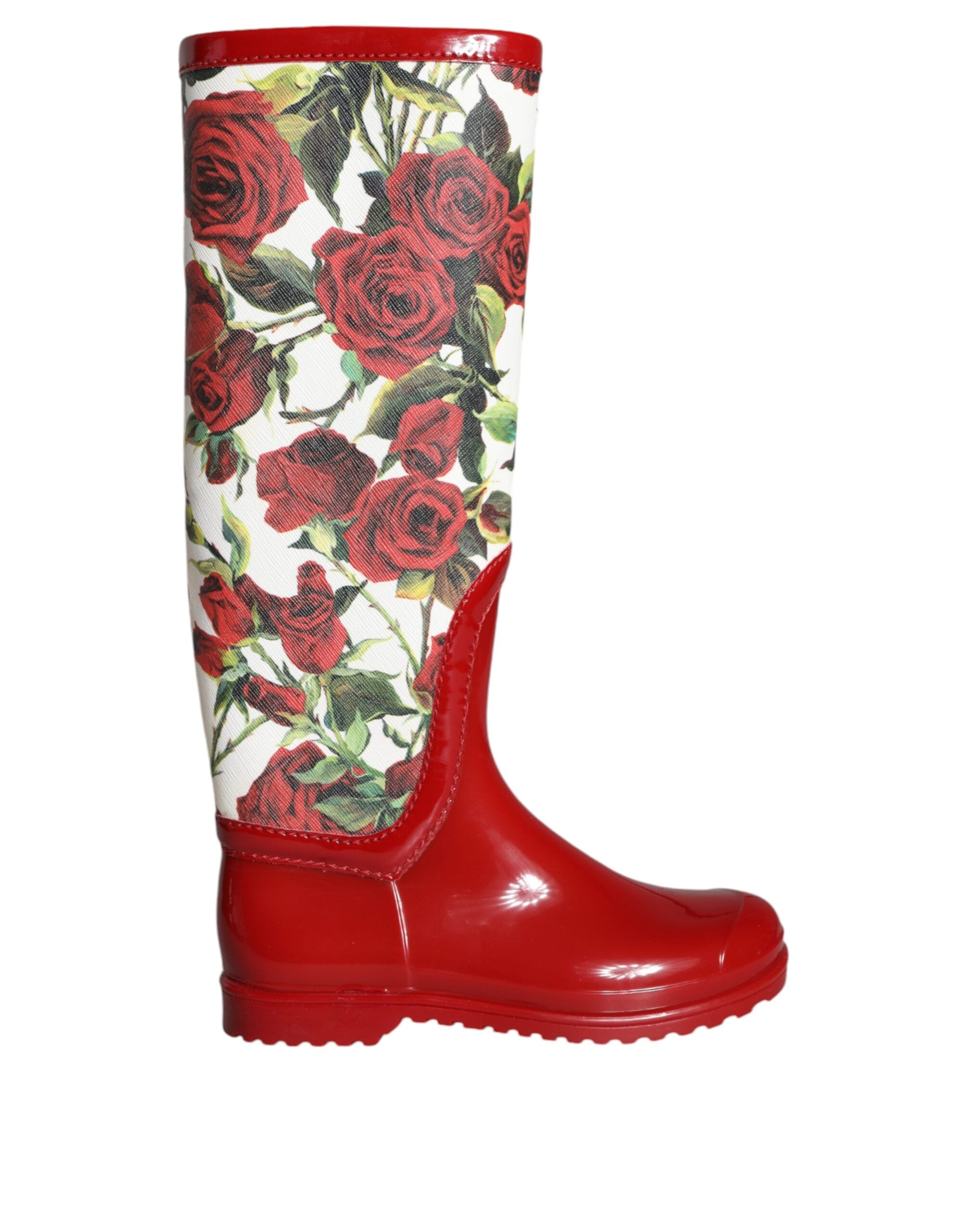 Dolce & Gabbana Red Floral Rubber Knee High Flat Boots Women's Shoes