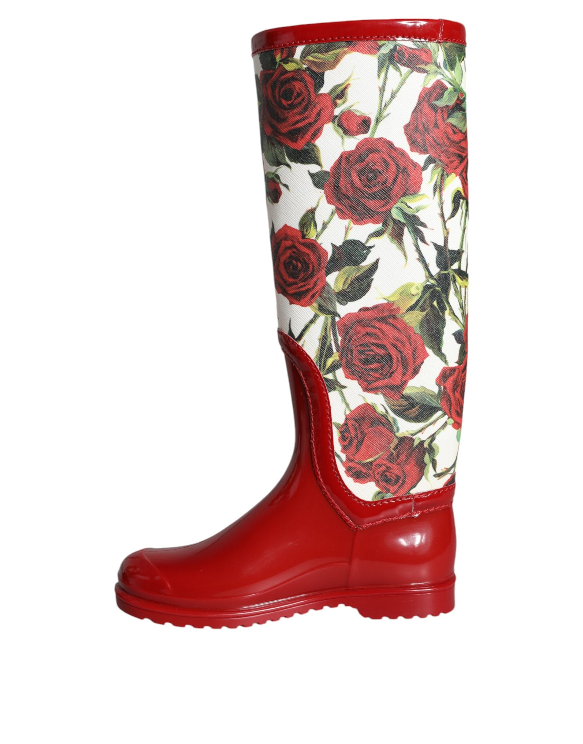Dolce & Gabbana Red Floral Rubber Knee High Flat Boots Women's Shoes