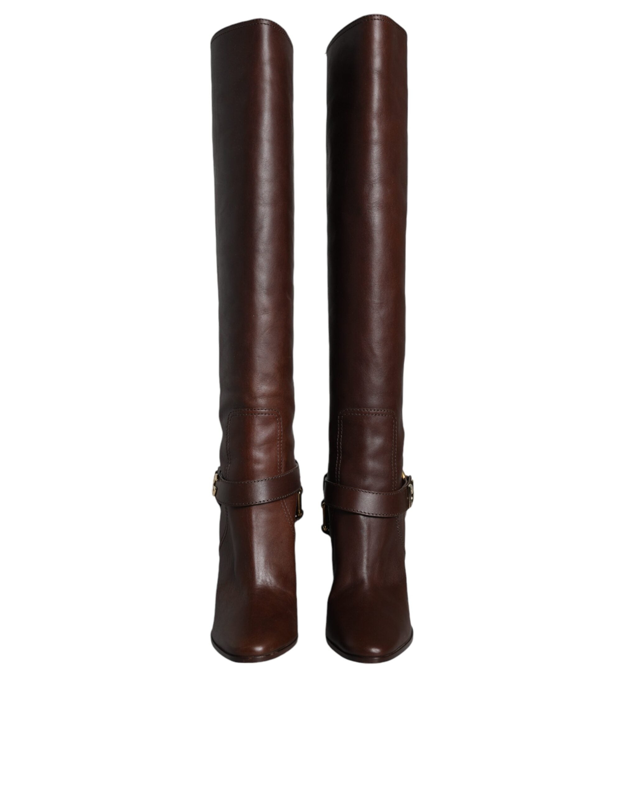 Dolce & Gabbana Brown Leather Gold Tone Logo High Boots Women's Shoes (Pre-Owned)