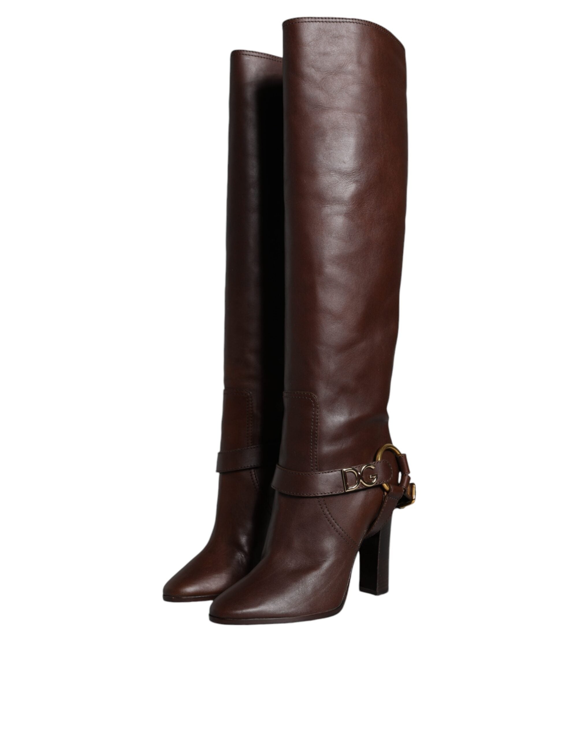 Dolce & Gabbana Brown Leather Gold Tone Logo High Boots Women's Shoes (Pre-Owned)