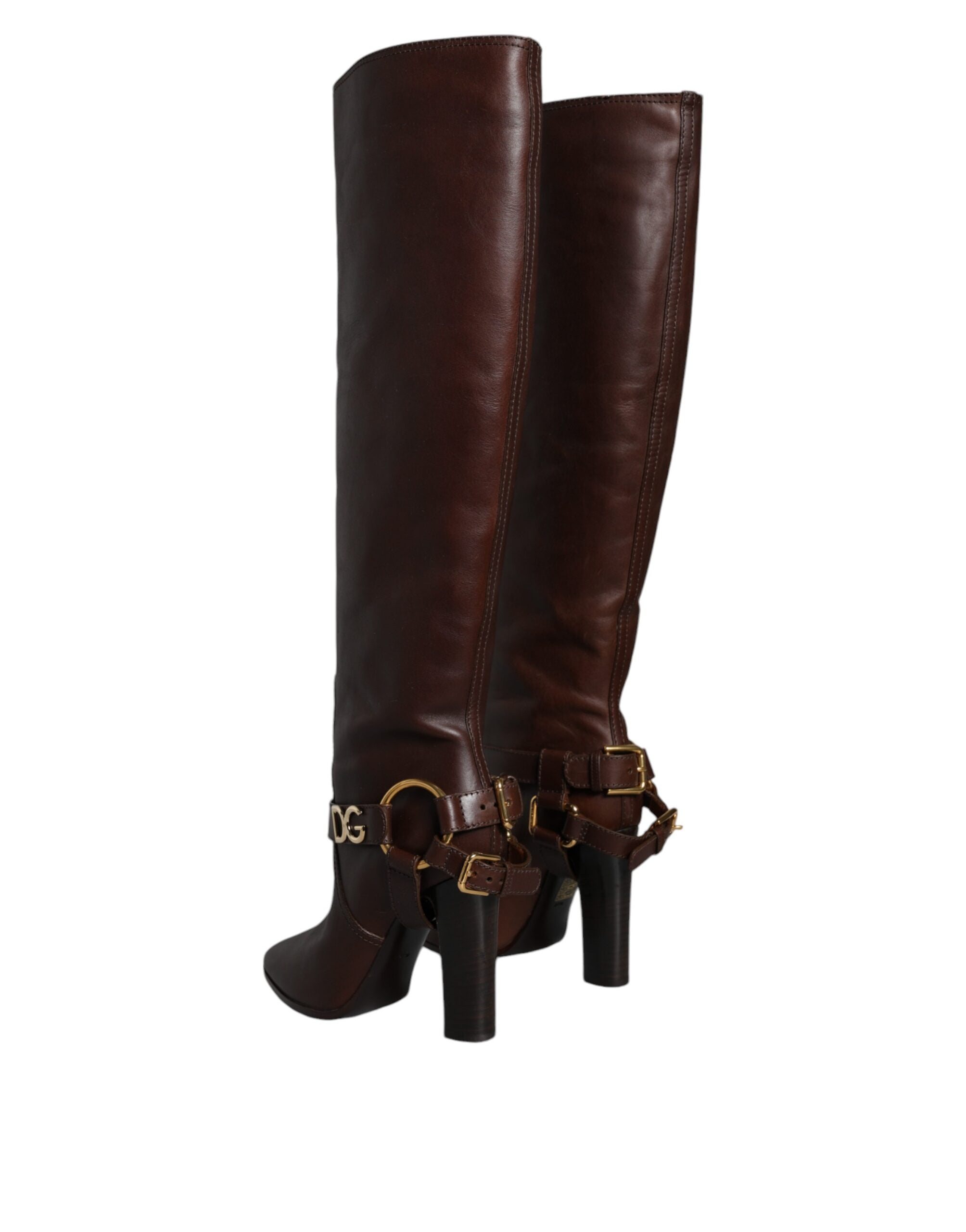 Dolce & Gabbana Brown Leather Gold Tone Logo High Boots Women's Shoes (Pre-Owned)