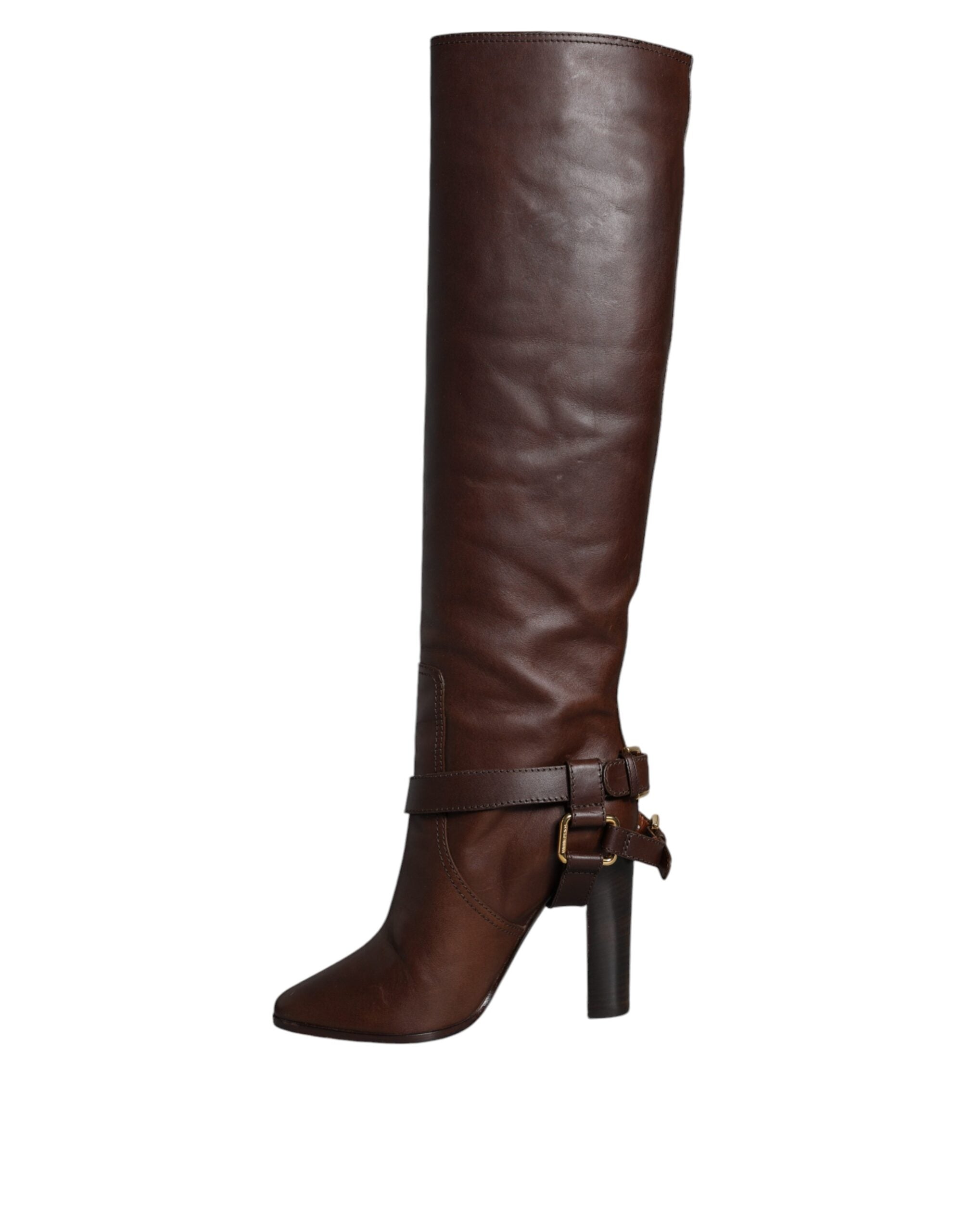 Dolce & Gabbana Brown Leather Gold Tone Logo High Boots Women's Shoes (Pre-Owned)