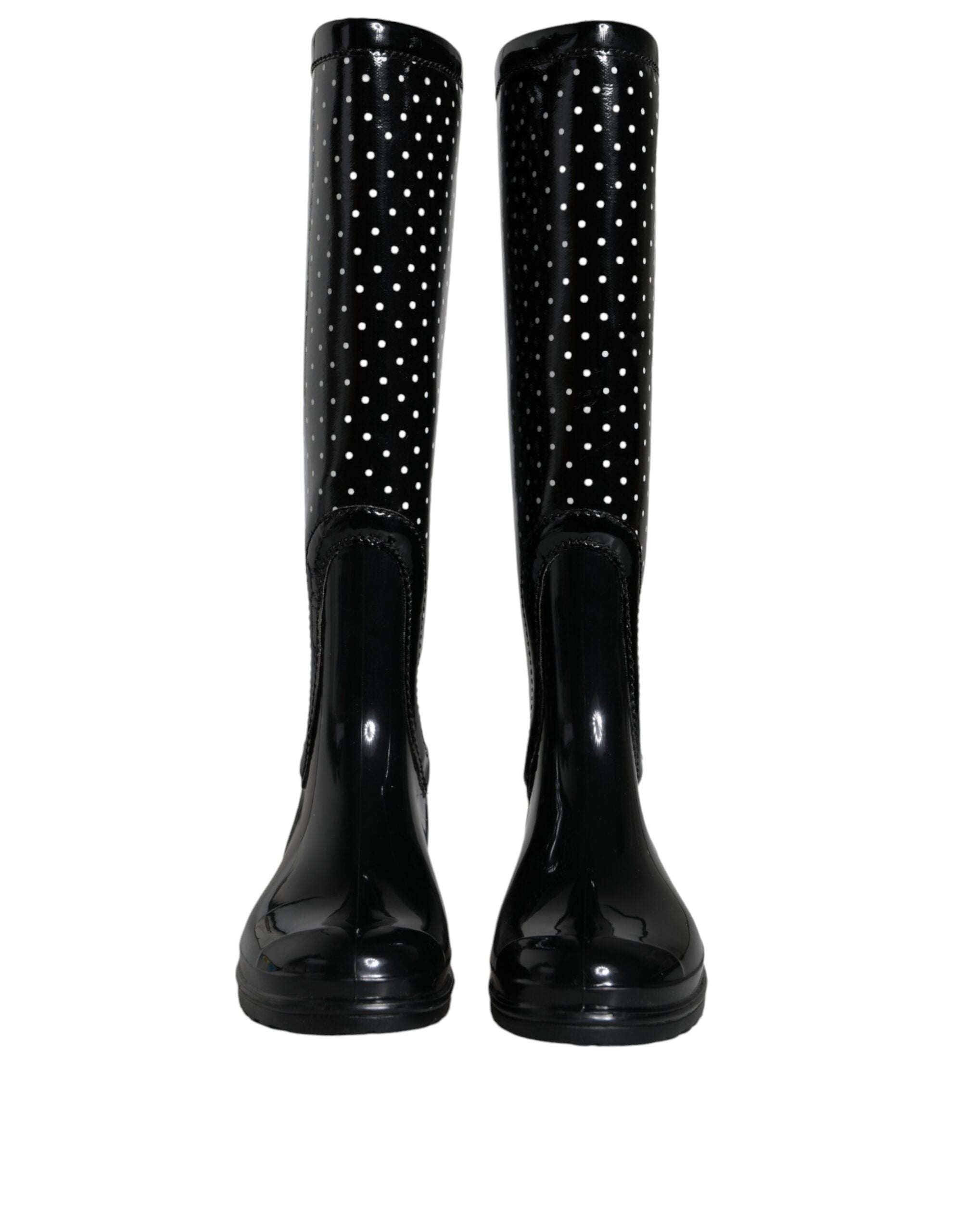Dolce & Gabbana Black Polka Dot Rubber Knee High Boots Women's Shoes