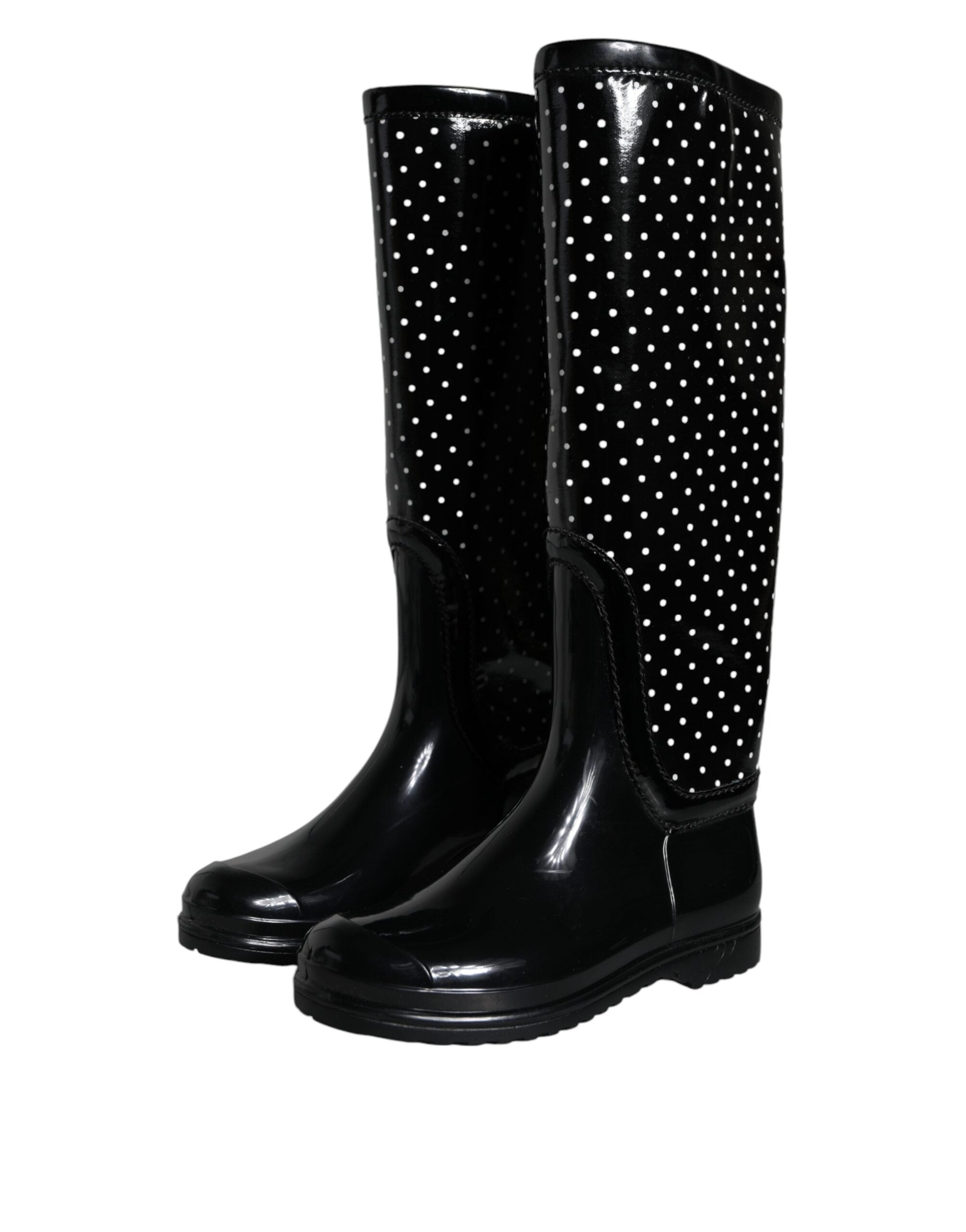 Dolce & Gabbana Black Polka Dot Rubber Knee High Boots Women's Shoes