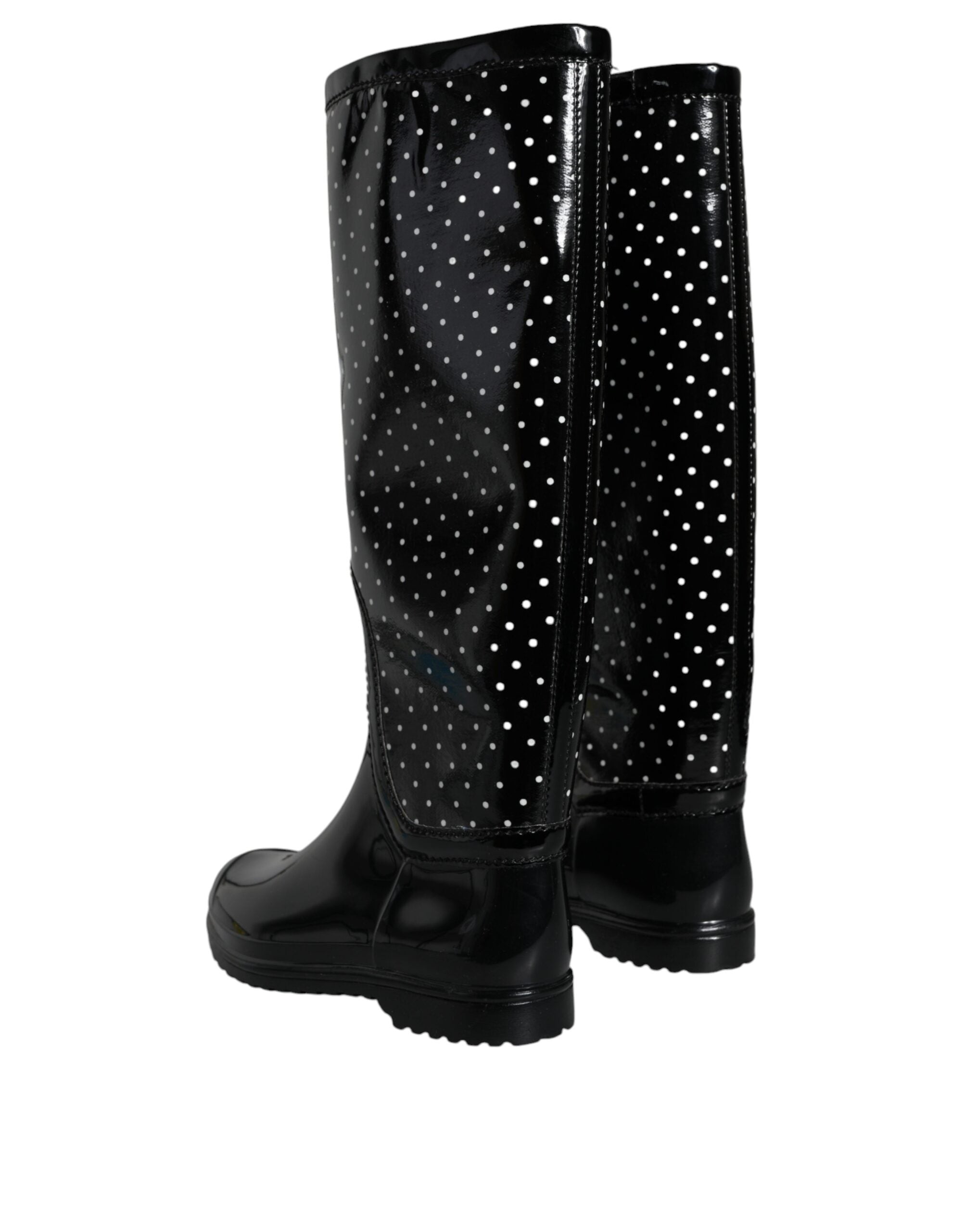 Dolce & Gabbana Black Polka Dot Rubber Knee High Boots Women's Shoes