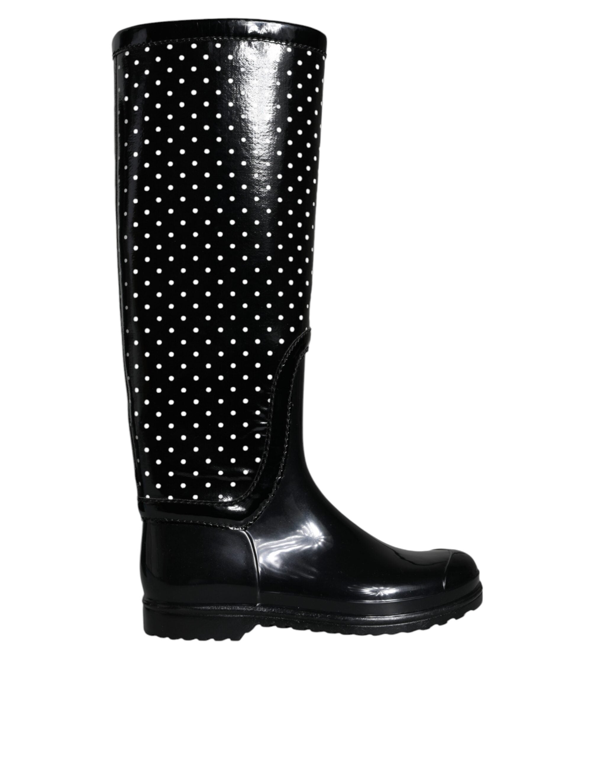 Dolce & Gabbana Black Polka Dot Rubber Knee High Boots Women's Shoes